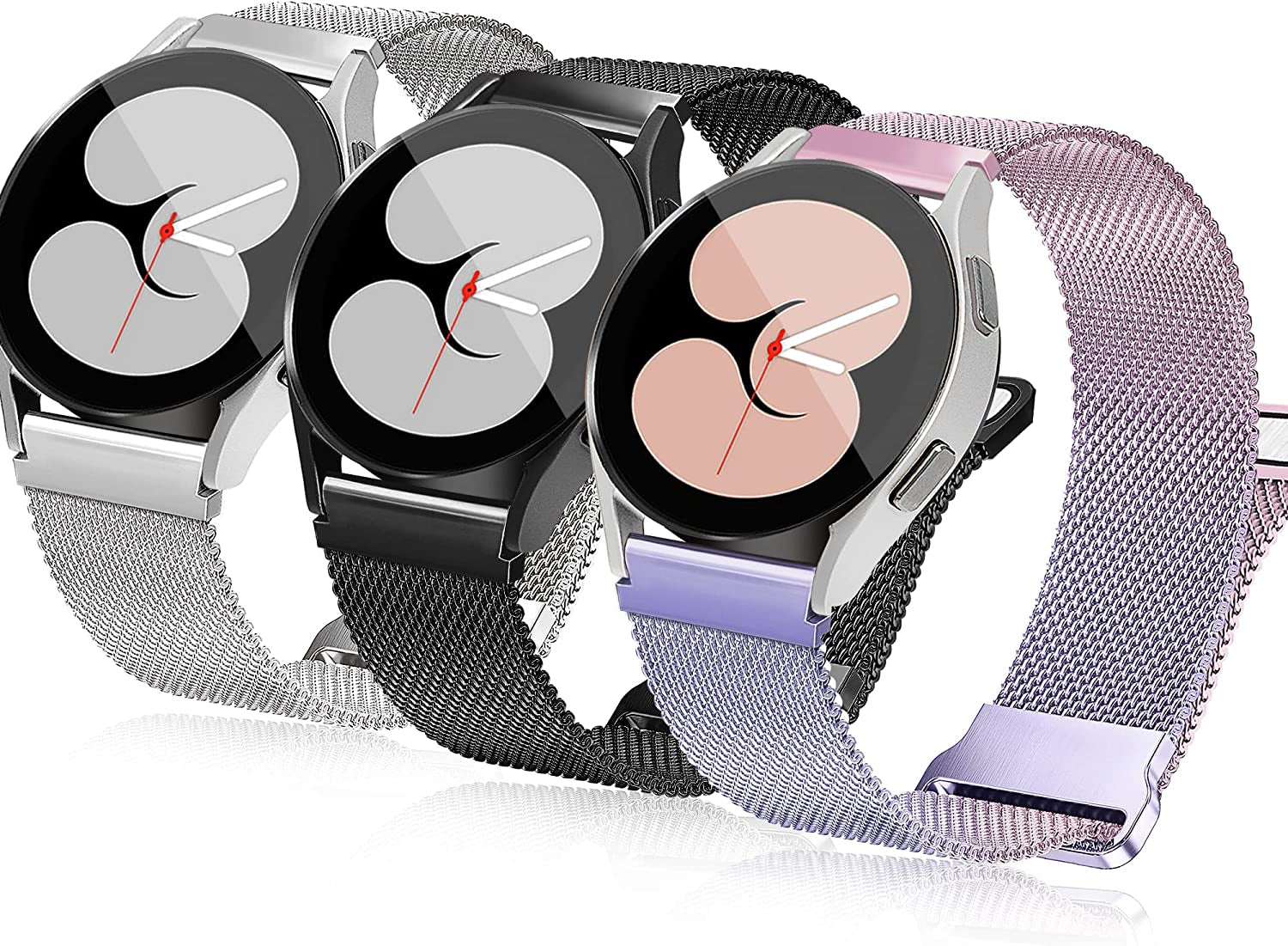 3 Packs Upgrade Double Magnetic Galaxy Watch 5/4 Band, Mesh Loop 20Mm Breathable & Comfortable Band, Compatible with Samsung Watch 5 Band/Galaxy Watch 4 Band/Watch 5 Pro Band/Active 2/ Watch 3 41Mm  YGTIECS Black & Silver & Gradient Color (2 Magnets Clasp) 20mm 