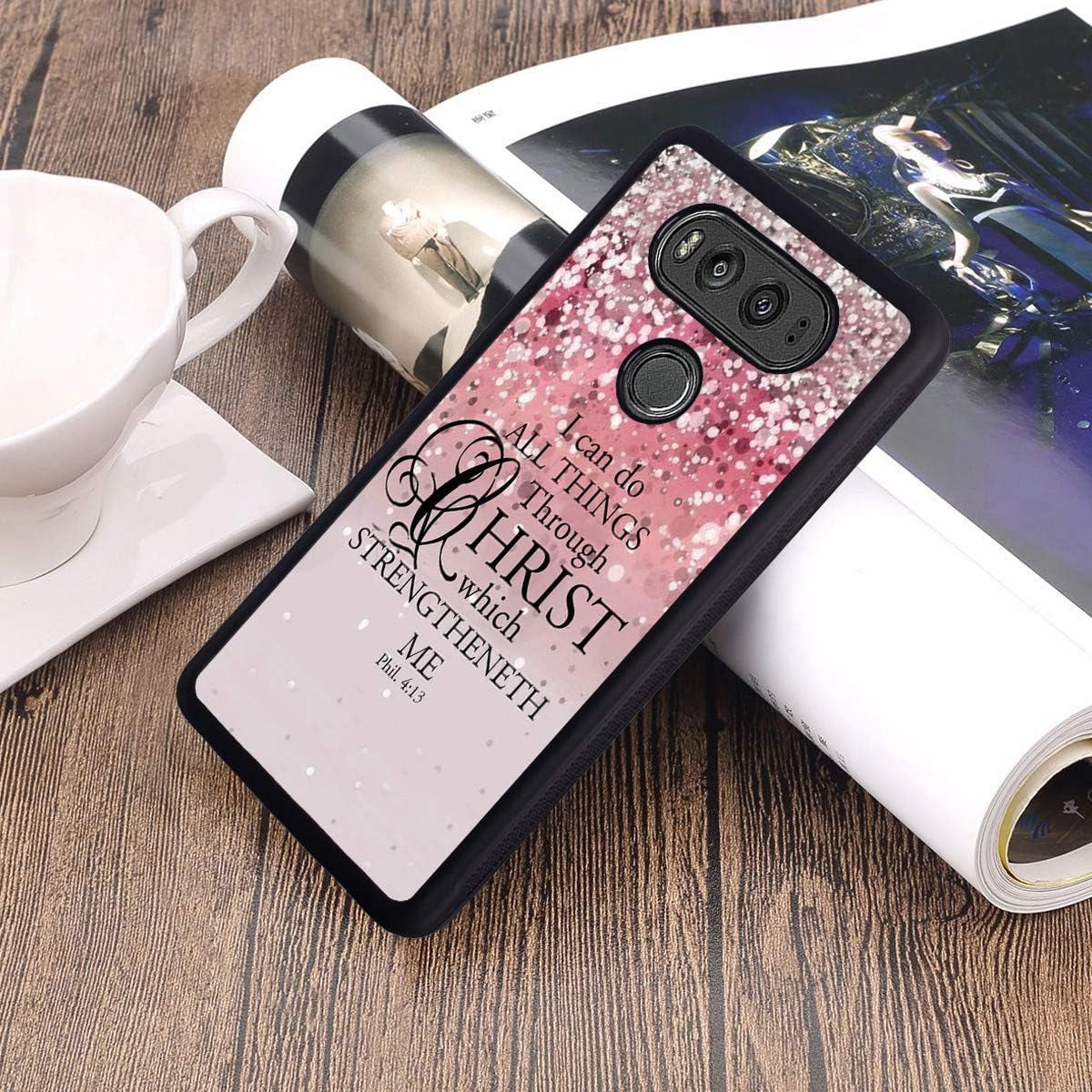 Case for LG V30, Christian Bible Verse Pink Sparkling Glitter Phil 4:13 Design Slim Anti-Scratch Rubber Protective Cover for LG V30/LG V30S/LG V30 Plus/Lg V30S Thinq/Lg V35  BWOOLL   