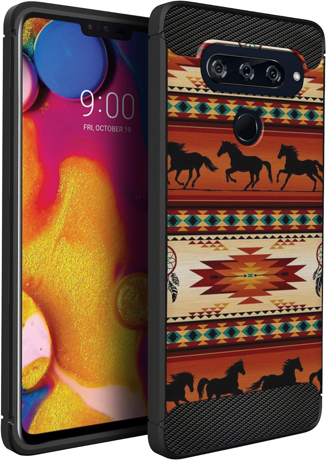 Casesondeck Case Compatible with [LG V40 Thinq] Tribal Floral Matte TPU Flexible Carbon Fiber Textured (Dreamcatcher)  CasesonDeck Western Horse Tribal  