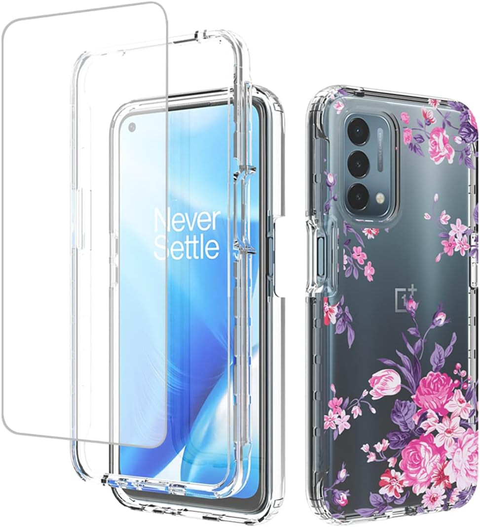 Yerebel Case for Oneplus Nord N200 5G Case, Oneplus N200 DE2117 with Tempered Glass Screen Protector, Floral Design Shockproof Bumper Full Body Protective Phone Cover for Oneplus Nord N200 5G (Rose)  Yerebel   
