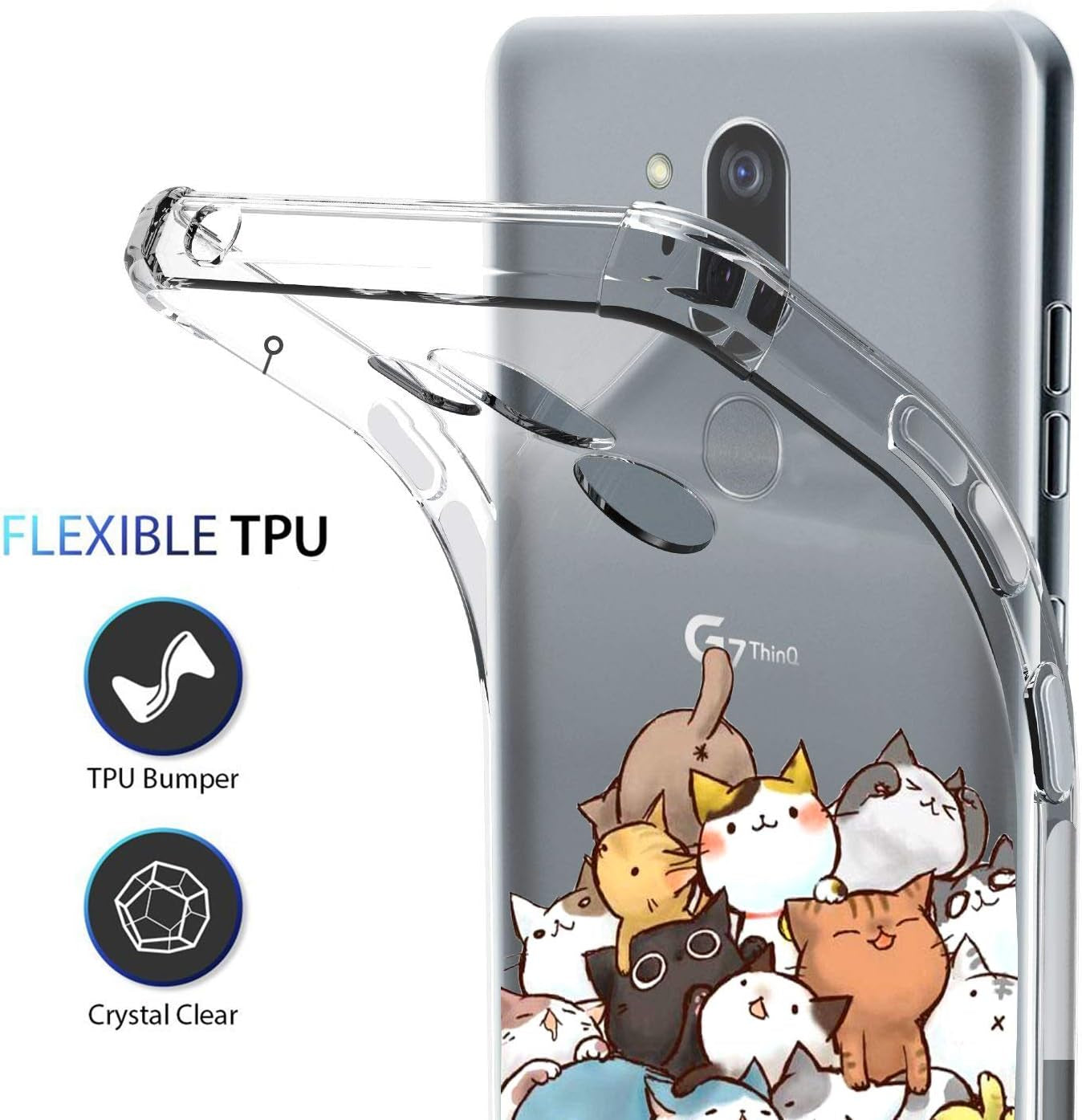 KIOMY Case for LG G7 Thinq for Girls Boy Clear with Cute Cat Design Shockproof Bumper Protective Lovely Funny Kitty Cell Phone Back Cover Flexible Slim Fit Soft Rubber Kitten Skin for LG G7 Kids Women  KIOMY   