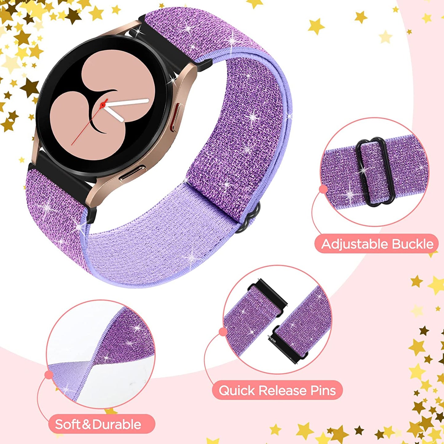 3 Pack Stretchy Watch Bands Compatible with Samsung Galaxy Watch 5 40Mm 44Mm/ Watch 5 Pro 45Mm/ Samsung Galaxy Watch 4 44Mm 40Mm/ Watch 4 Classic 46Mm 42Mm, 20Mm Elastic Nylon Band for Women(Ppb)  ZSMJ   