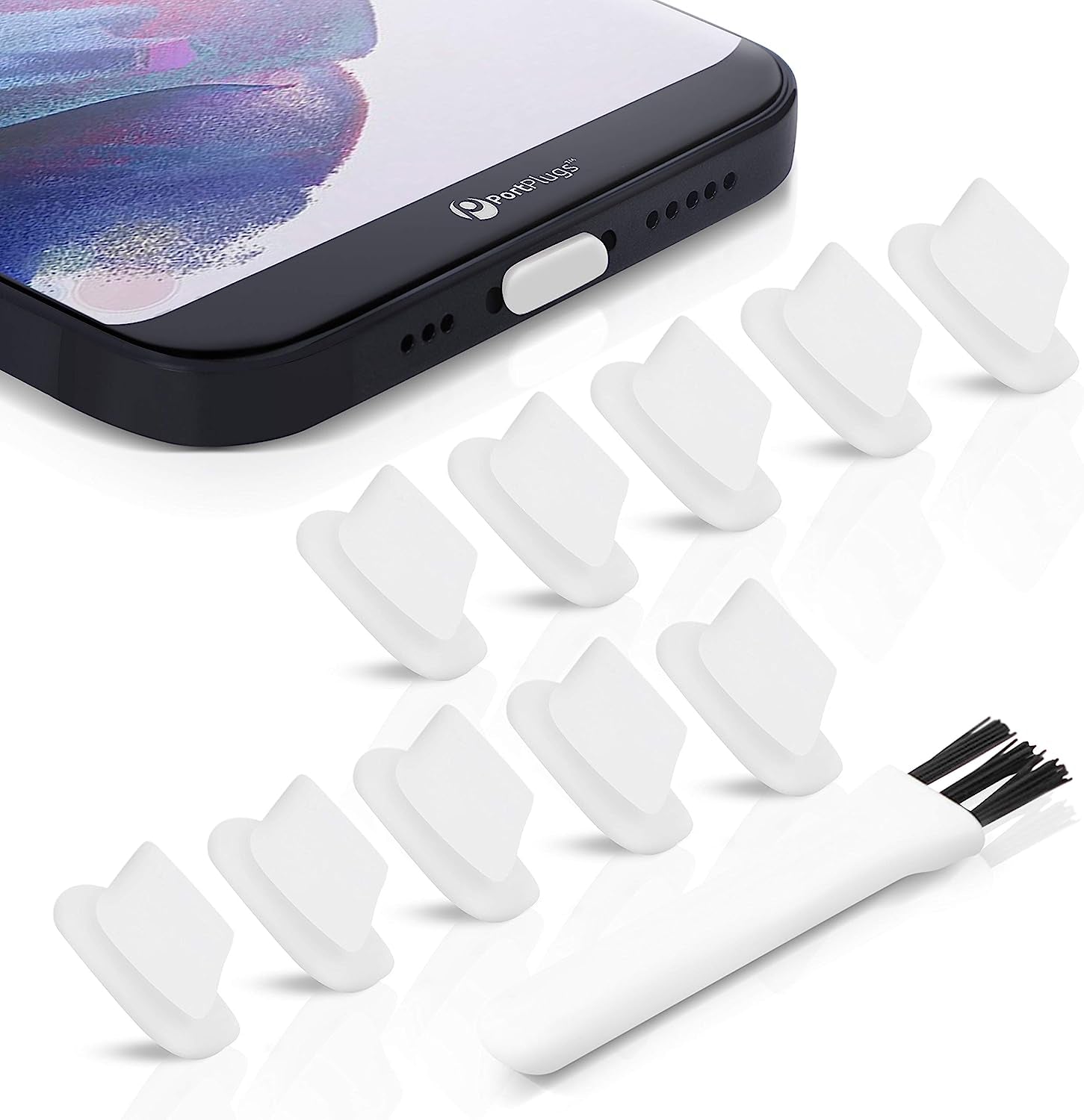 Portplugs Dust Plugs (10 Pack) Flat Design Compatible with Iphone 14, 13, 12, 11, X, 8, 7, Plus, Pro, Max and Air Pods, Includes Charging Port Cleaning Brush (Black)  PortPlugs Clear  
