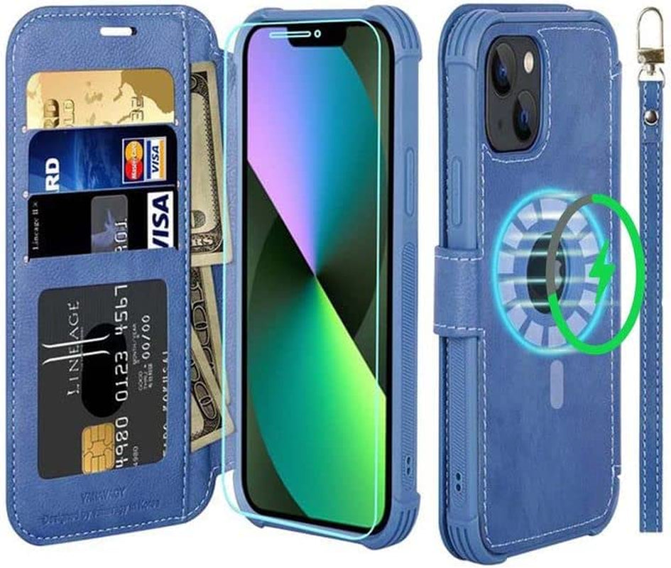 VANAVAGY Iphone 14 plus Wallet Case Magsafe,Leather Flip Folio Phone Cover Supports Magsafe and Wireless Charging with RFID Block Card Holder and Wrist Strap,Clove Purple  VANAVAGY Blue（Not for iPhone 14 ）  