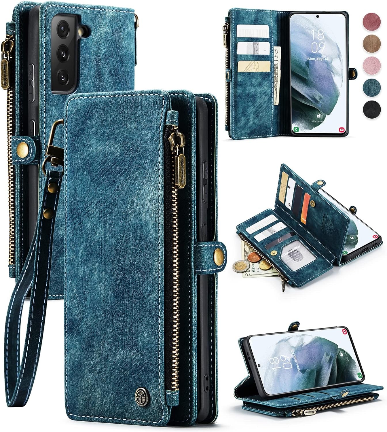 Defencase for Samsung Galaxy S21 Case, RFID Blocking Galaxy S21 Case Wallet for Women and Men with Card Holder, PU Leather Wrist Strap Zipper Pocket Magnetic Flip Phone Case for Samsung S21 5G, Black  Defencase Fashion Blue  