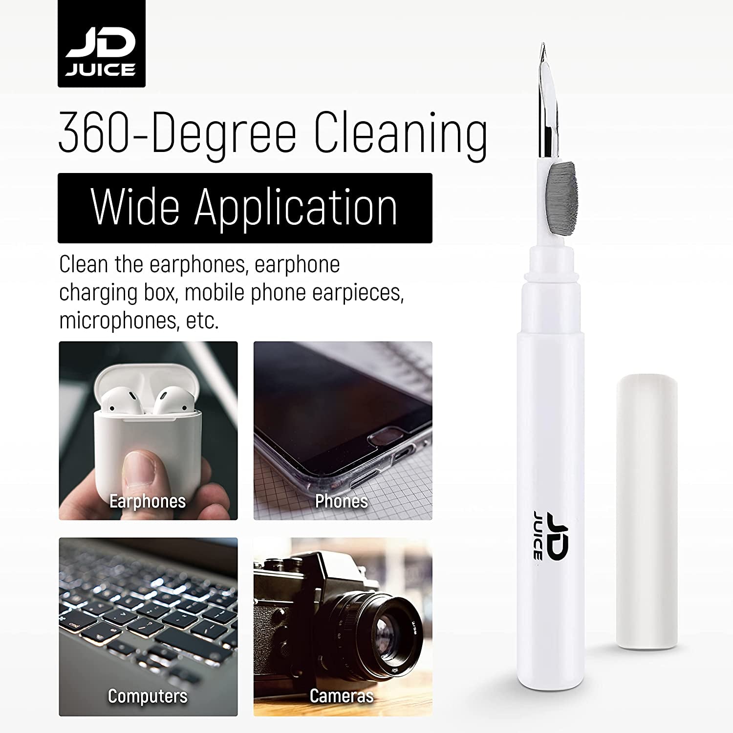 2 Pack - Airpods Cleaning Kit Earbud Cleaning Kit - Phone Cleaning Kit In-Ear Headphones Cleaning Pen Tool, Portable 3-In-1 Laptop Cleaning Kit Electronic Cleaner with a Sponge, Metal Pen Tip  JD-ECP-WHT2   