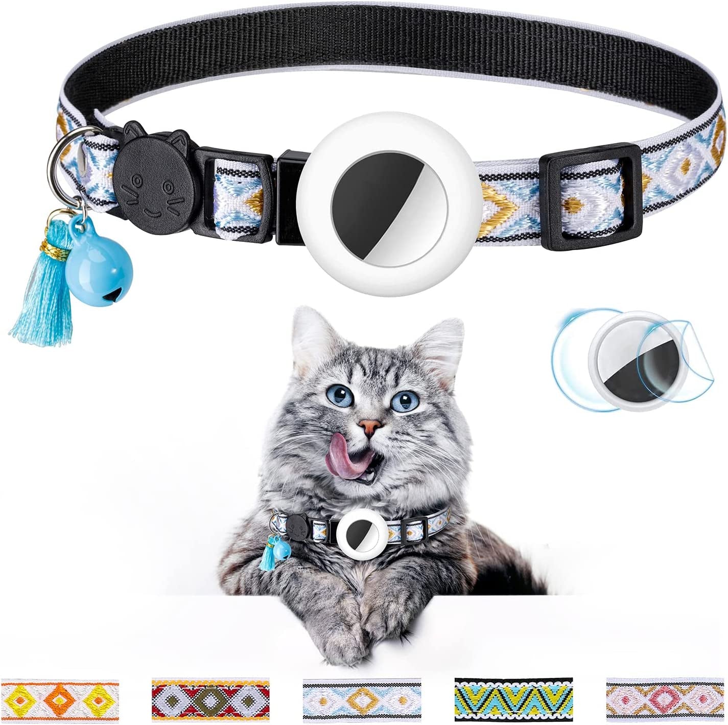 Airtag Cat Collar with Bell Adjustable Breakaway Kitten Collars:- Safety Buckle and Silicone Air Tag Holder Case Compatible with Apple Airtag Geometric Pattern Pet Collar (Pink)  OEBEESA sky blue  