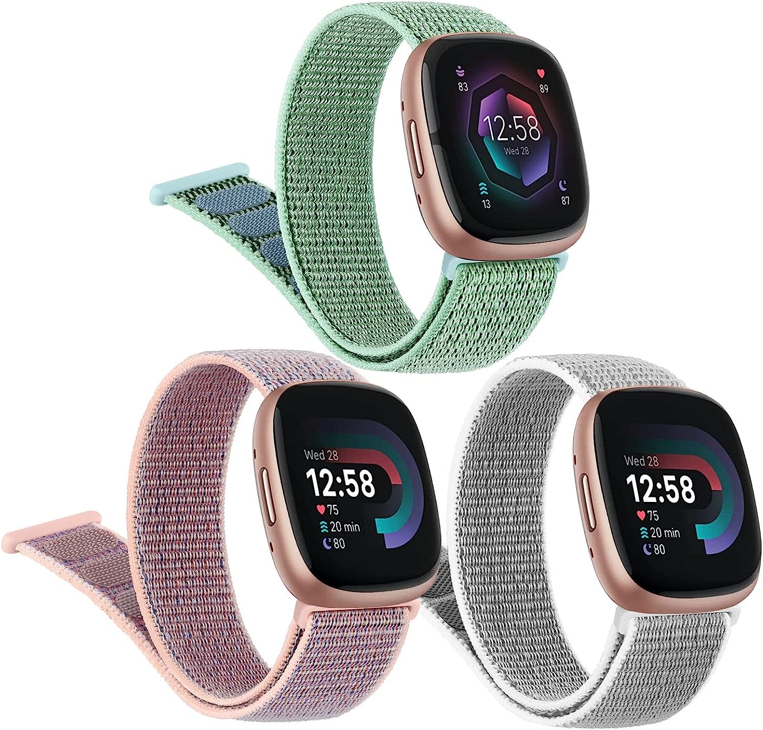 3 Pack Nylon Bands for Fitbit Sense 2/Sense/Versa 4/Versa 3 Bands for Women Men, Soft Breathable Adjustable Replacement Strap Wristbands for Fitbit Sense & Sense 2/Versa 3 & 4 (Black/Cape Code Blue/Seashell)  Vancle Marine Green/Pink Sand/Seashell  