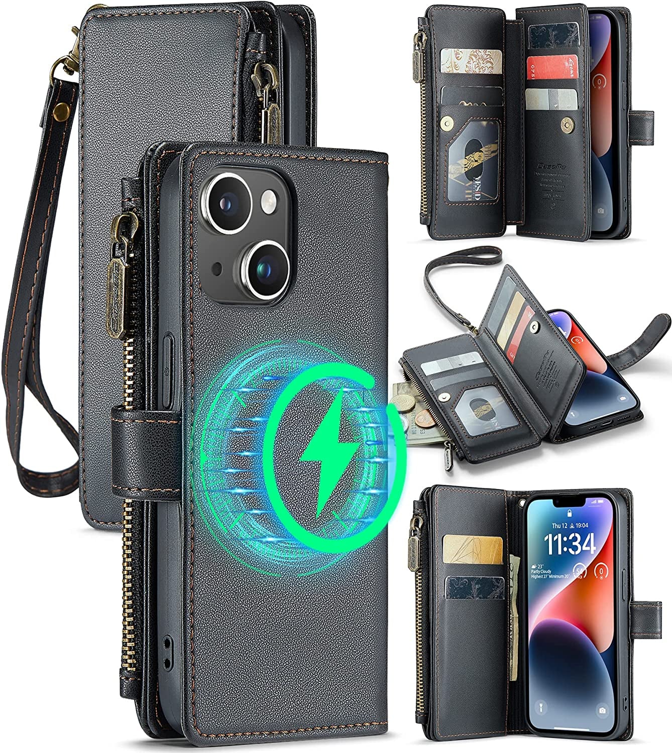 FLIPALM Wallet Case for Iphone 14 Pro(6.1") Flip Case,Compatible with Magsafe Charger,Pu Leather Zipper Protective Lanyard Strap Wristlet Case with Magnetic Closure and Card Holder Luxury Coffee  FLIPALM Black iPhone 14 