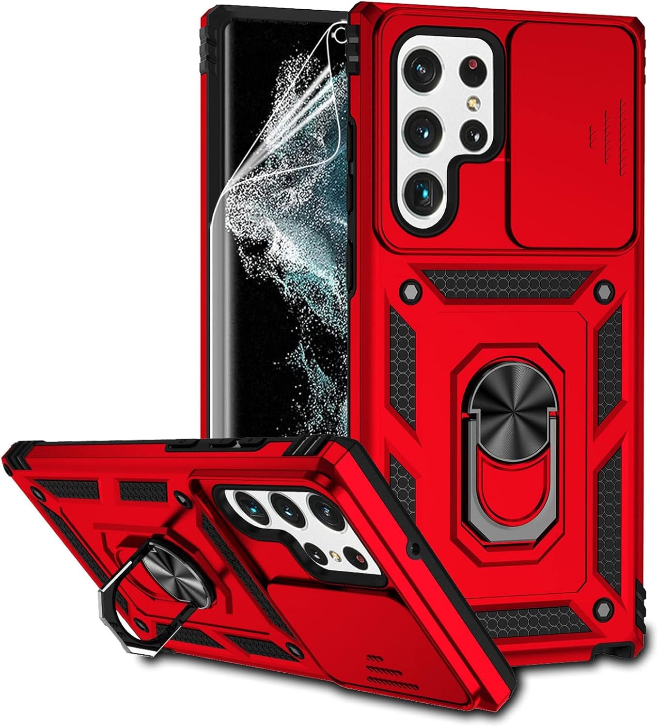 For Samsung Galaxy S22 Ultra Case with Camera Lens Cover HD Screen Protector, Military-Grade Drop Tested Magnetic Ring Holder Kickstand Protective Phone Case for Samsung Galaxy S22 Ultra 5G (Purple)  JINZHI Inc Red With Camera Cover Military-Grade 2Nd Gen  