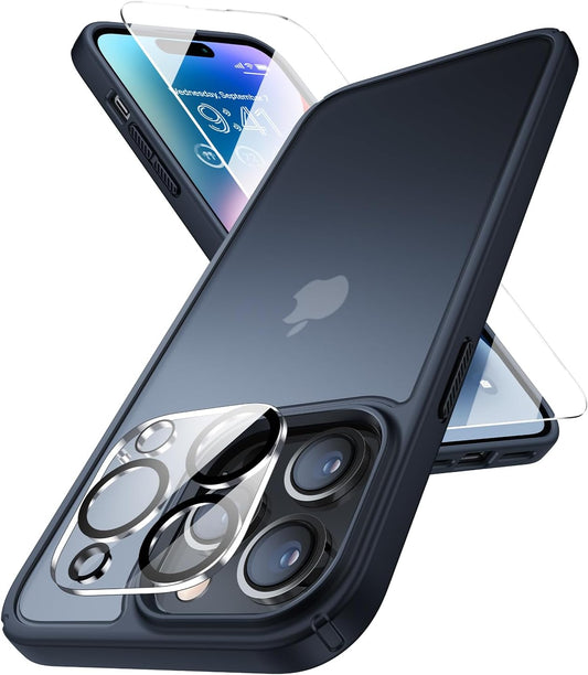 Humixx [5-In-1] Designed for Iphone 14 Pro Case, [10FT Military Shockproof] Slim&Sleek Protective Translucent Matte 2X Tempered Screen Protector + 2X 9H Lens Protector Case for Iphone 14 Pro, Black  Humixx   