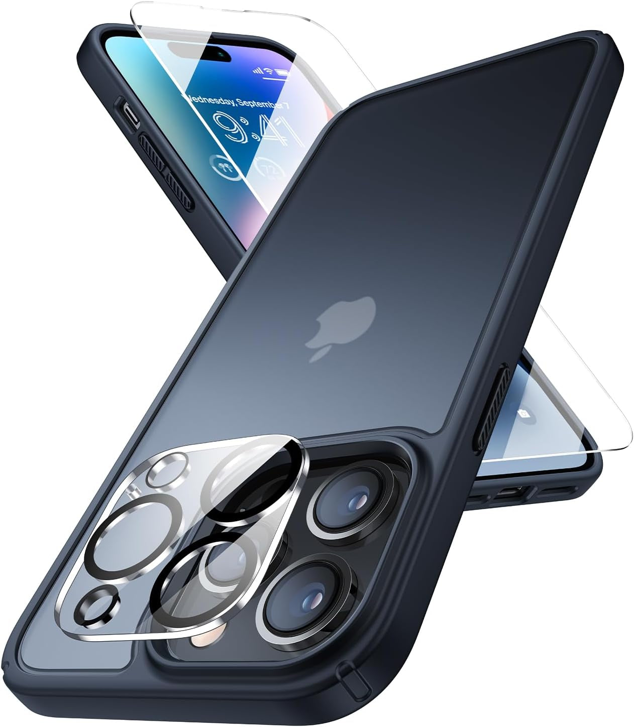 Humixx [5-In-1] Designed for Iphone 14 Pro Case, [10FT Military Shockproof] Slim&Sleek Protective Translucent Matte 2X Tempered Screen Protector + 2X 9H Lens Protector Case for Iphone 14 Pro, Black  Humixx   