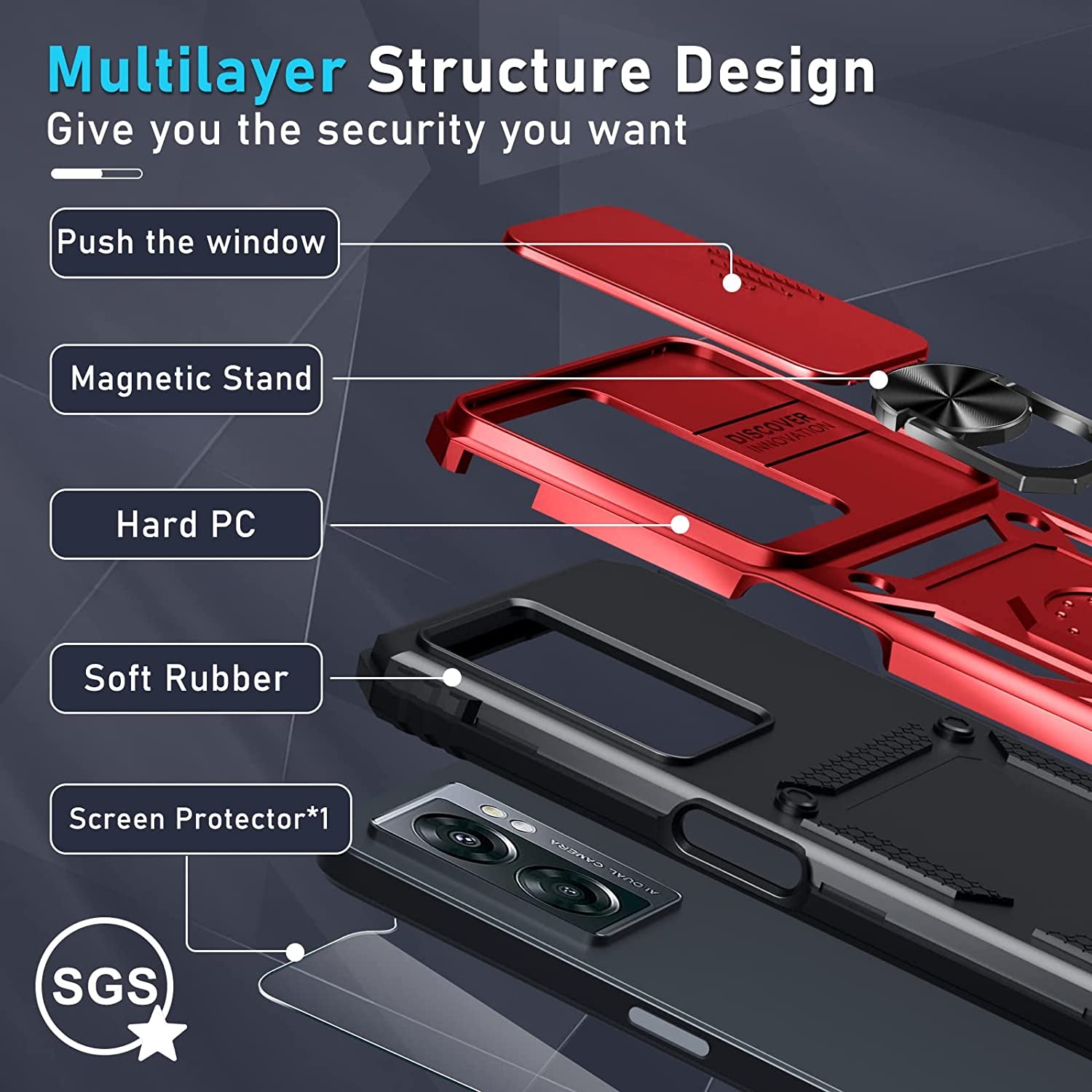 Janmitta Oneplus Nord N300 5G Case Built in Slide Camera Lens Cover and Screen Protector,Heavy Duty Shockproof Full Body Protective Phone Cover,Built in Finger Ring Stable Holder Kickstand,2022 Red  Janmitta   