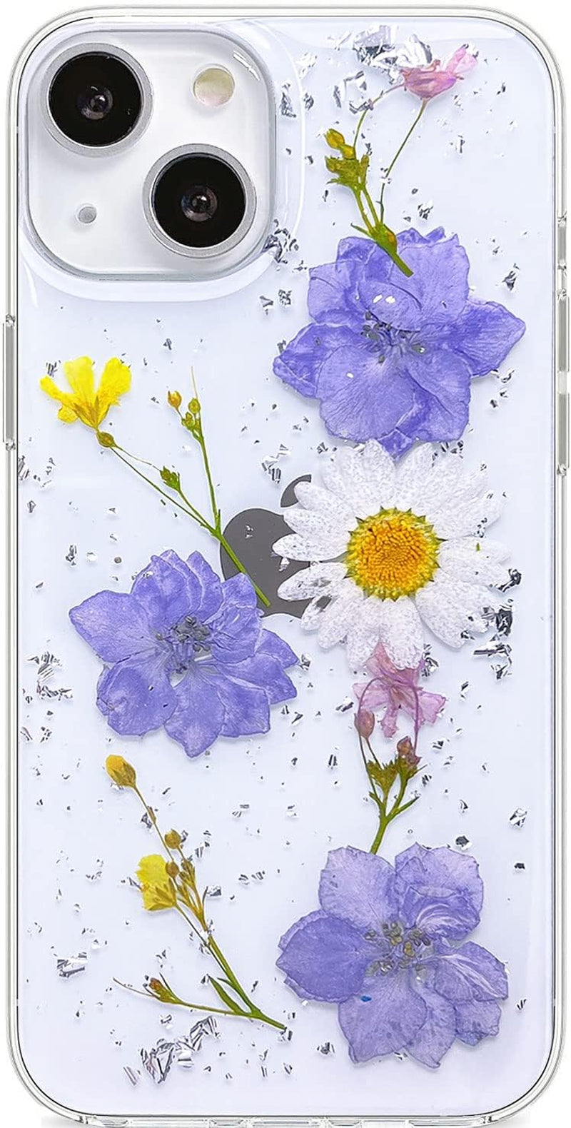 Abbery Designed for Iphone 13 Pressed Flower Case, Cute Clear with Design Soft Silicone Rubber Dried Real Flowers Floral Aesthetic Case for Iphone 13 6.1 Inch (Glitter Blue)  Abbery Purple Daisy Flower  