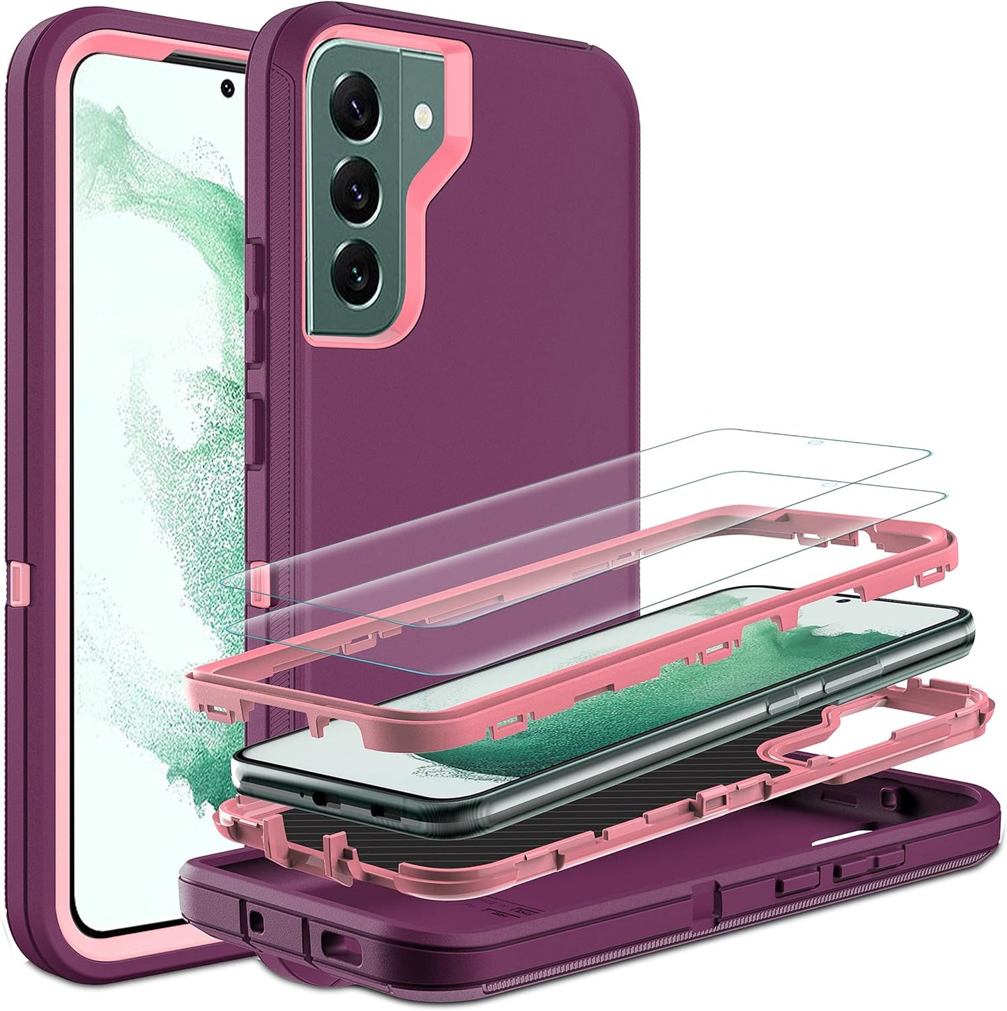 HONG-AMY for S22 plus Case, Samsung Galaxy S22 plus Case with Self Healing Flexible TPU Screen Protector [2 Pack], 3 in 1 Full Body Shockproof Heavy Duty Case for Galaxy S22 plus 5G (Red/Black)  HONG-AMY Purple/Pink  