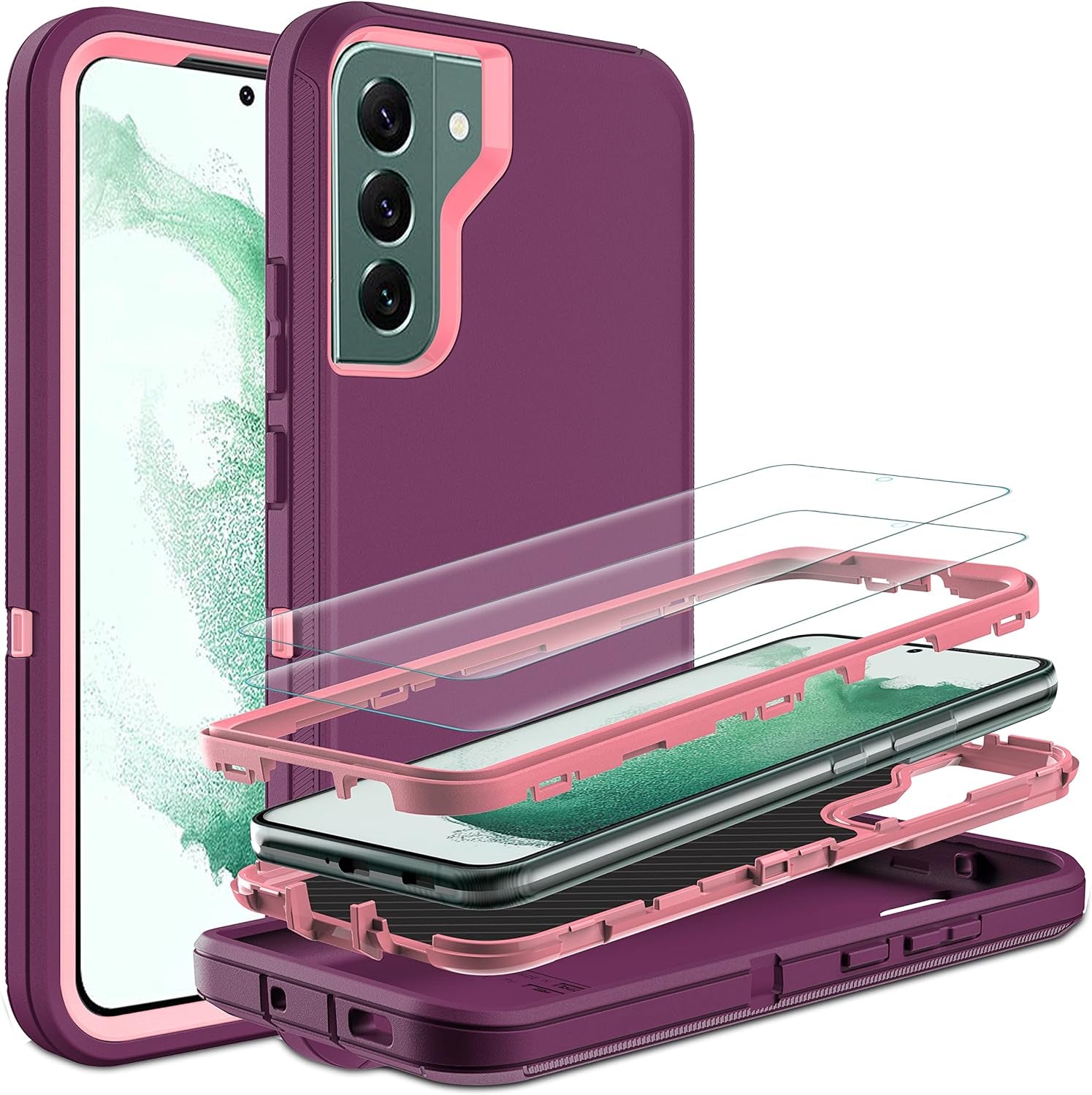 HONG-AMY for S22 plus Case, Samsung Galaxy S22 plus Case with Self Healing Flexible TPU Screen Protector [2 Pack], 3 in 1 Full Body Shockproof Heavy Duty Case for Galaxy S22 plus 5G (Red/Black)  HONG-AMY Purple/Pink  