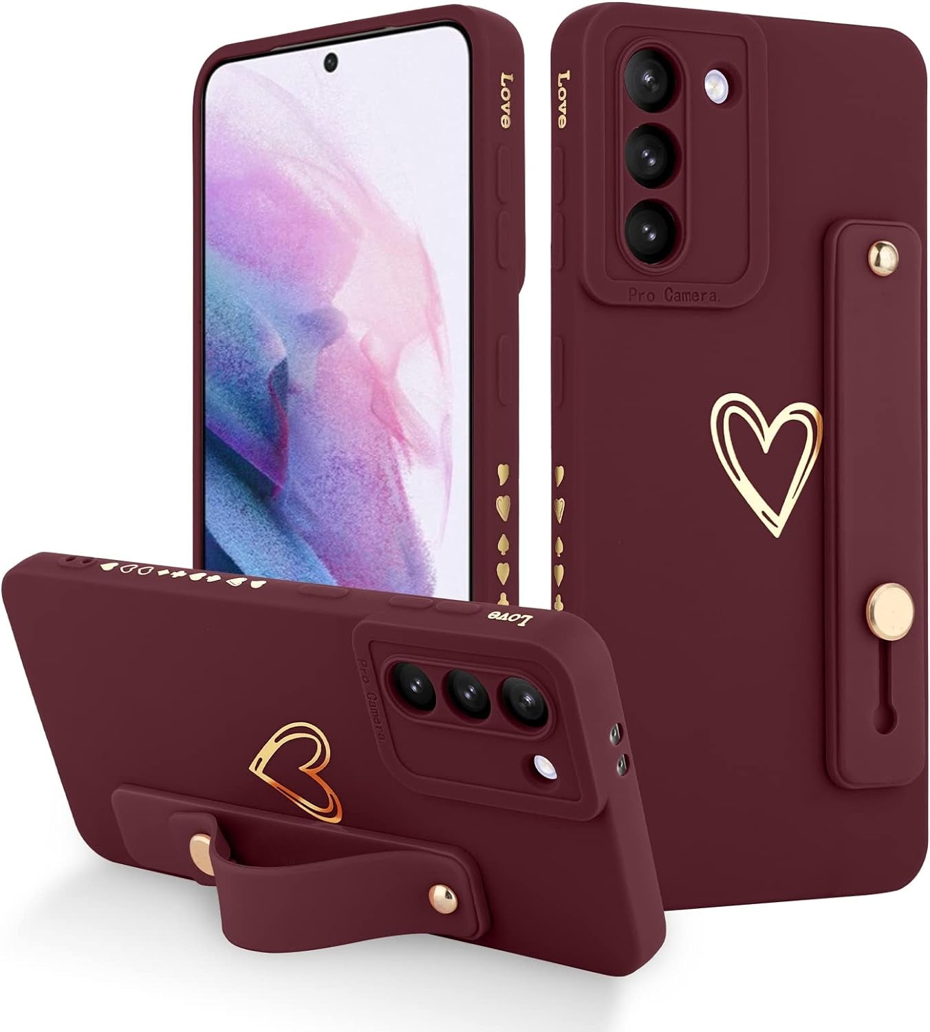 Fiyart Designed for Samsung Galaxy S21 plus Case with Phone Stand Holder Cute Love Hearts Protective Camera Protection Cover with Wrist Strap for Women Girls for Galaxy S21 plus 6.7"-Pink  Fiyart Wine Red  