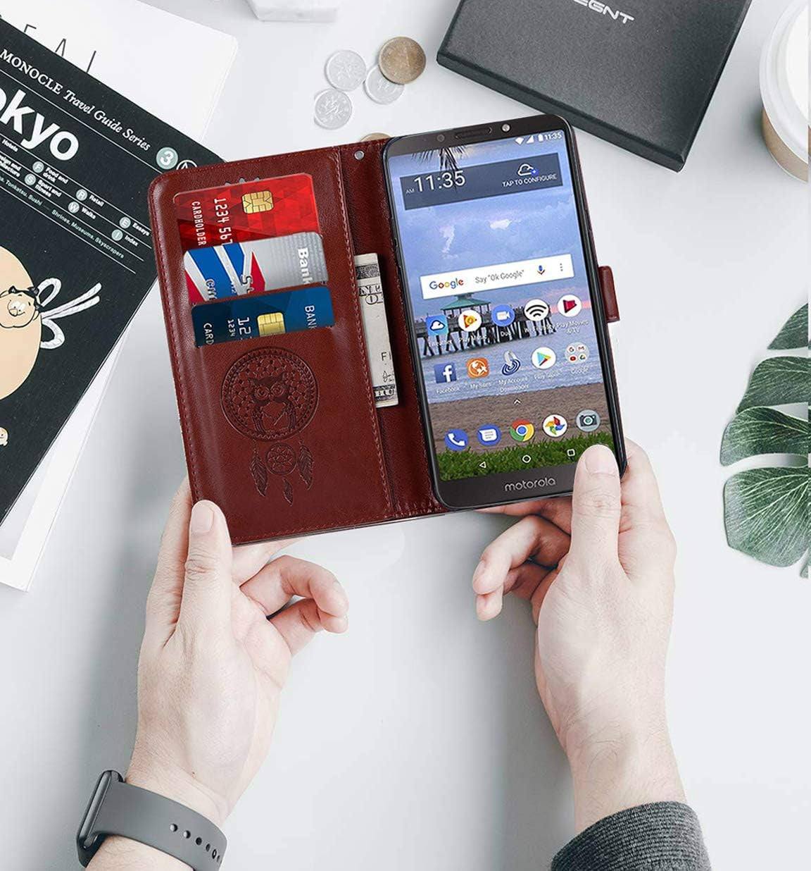 Sidande for LG G7 Case, for LG G7 Thinq Wallet Case, [Wrist Strap] Owl PU Leather Wallet Flip Protective Phone Case Cover with Card Slots and Stand for LG G7 / for LG G7 Thinq (2018) (Brown)  sidande   