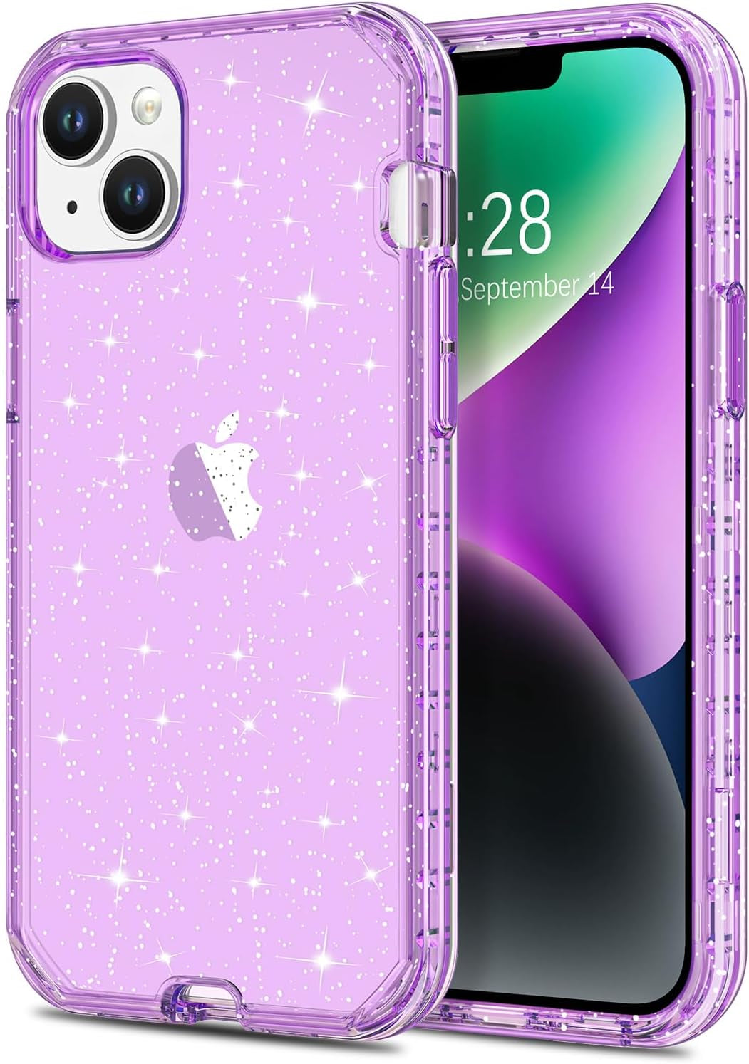 Hython for Iphone 14 plus Case, Heavy Duty Full-Body Defender Protective Phone Cases Glitter Bling Sparkle Hard Shell Hybrid Shockproof/Drop Proof 3-Layer Military Rubber Bumper Cover for Women Girls  Hython Purple Glitter  