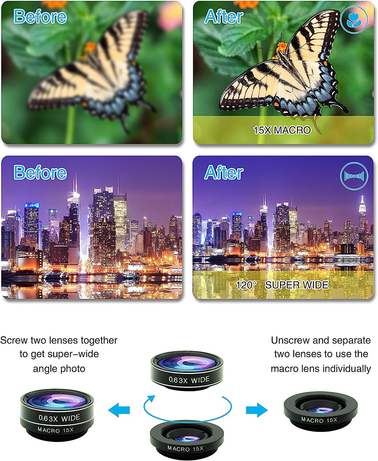 8 in 1 Phone Camera Lens Kit, 0.63Wide Angle Lens+15X Macro+198°Fisheye+2X Telephoto+Kaleidoscope+Cpl/Starlight/Universal Clip, Zoom Compatible with Iphone Samsung Smartphones (Black)  Bsy Digital   
