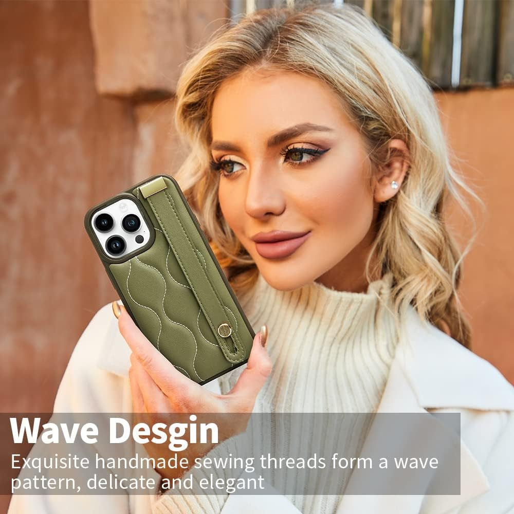 ZVE Designed for Iphone 13 Pro Max Kickstand Case, Quilted Leather Shockproof Case with Stand for Women Strap Cover Case Compatible with Iphone 13 Pro Max, 6.7 Inch-Green  ZVE   