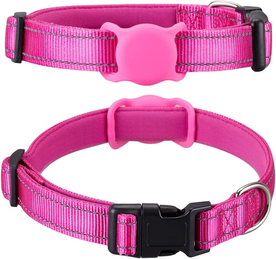Airtag Dog Collar for Small Medium Large Dogs, Animire Soft Neoprene Padded Pet Cat Collar, Nylon Puppy Collar with Silicone Air Tag Case Holder Accessories, 9''-16'' Neck  Animire Pink XS:8"-12" Neck 