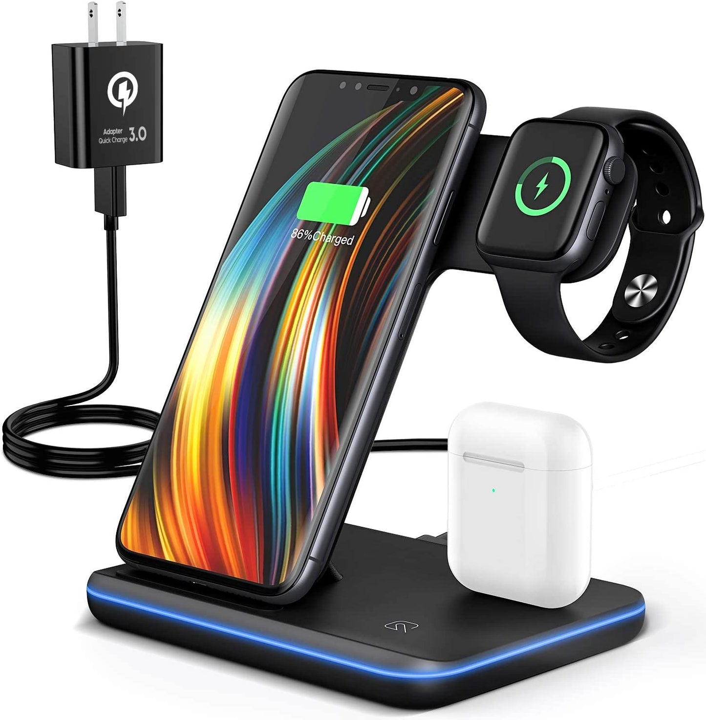 Wireless Charging Station, 2023 Upgraded 3 in 1 Wireless Charger Stand with Breathing Indicator Compatible with Iphone 14/13/12/11 Pro/Xs, Airpods 3/2/1/Pro 2, Iwatch Series 8/7/6/5/4/3,Samsung Phones  ZOOULAI Black  
