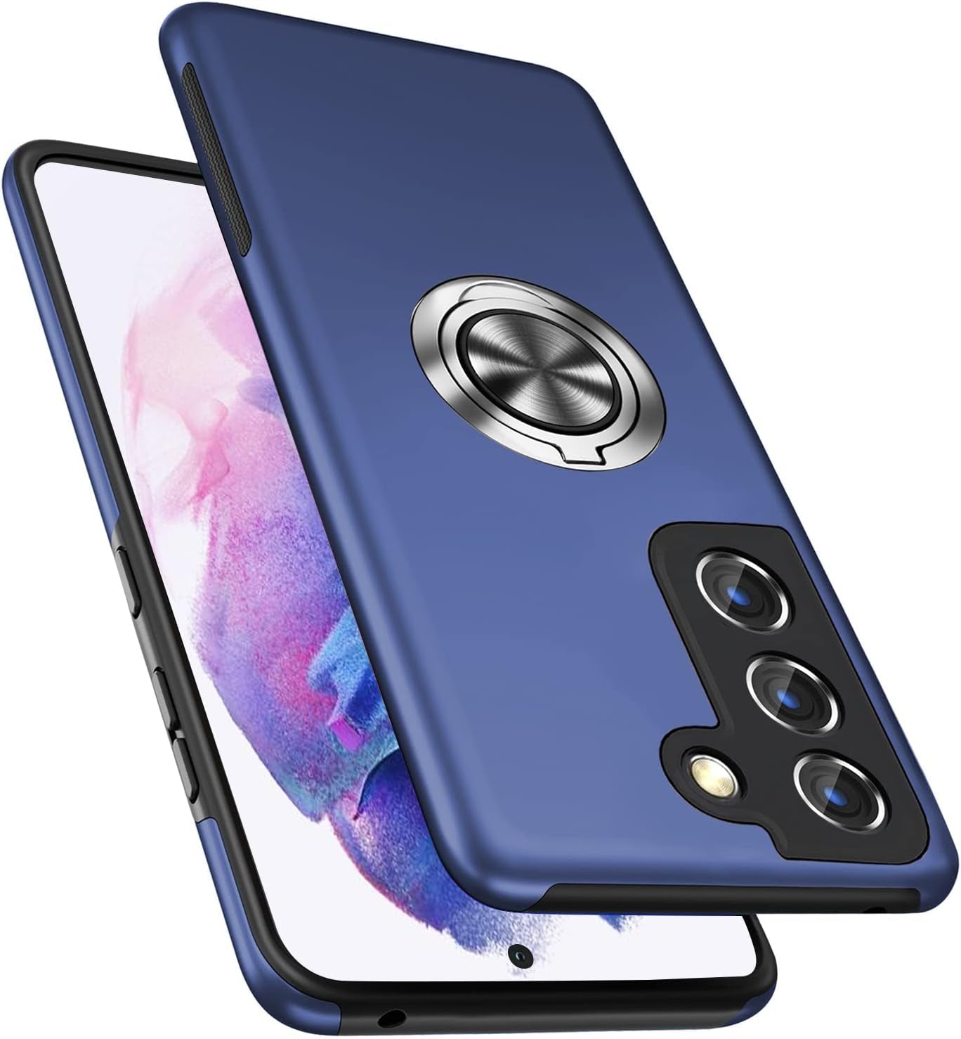 PELEPUES Case for Samsung Galaxy S21 Plus/S21+ 5G, [Built-In Camera Cover] Military Shockproof Phone Case Cover with Embedded Metal Ring Stand Kickstand [Support Magnetic Car Holder] for S21+, Black  PELEPUES Blue  