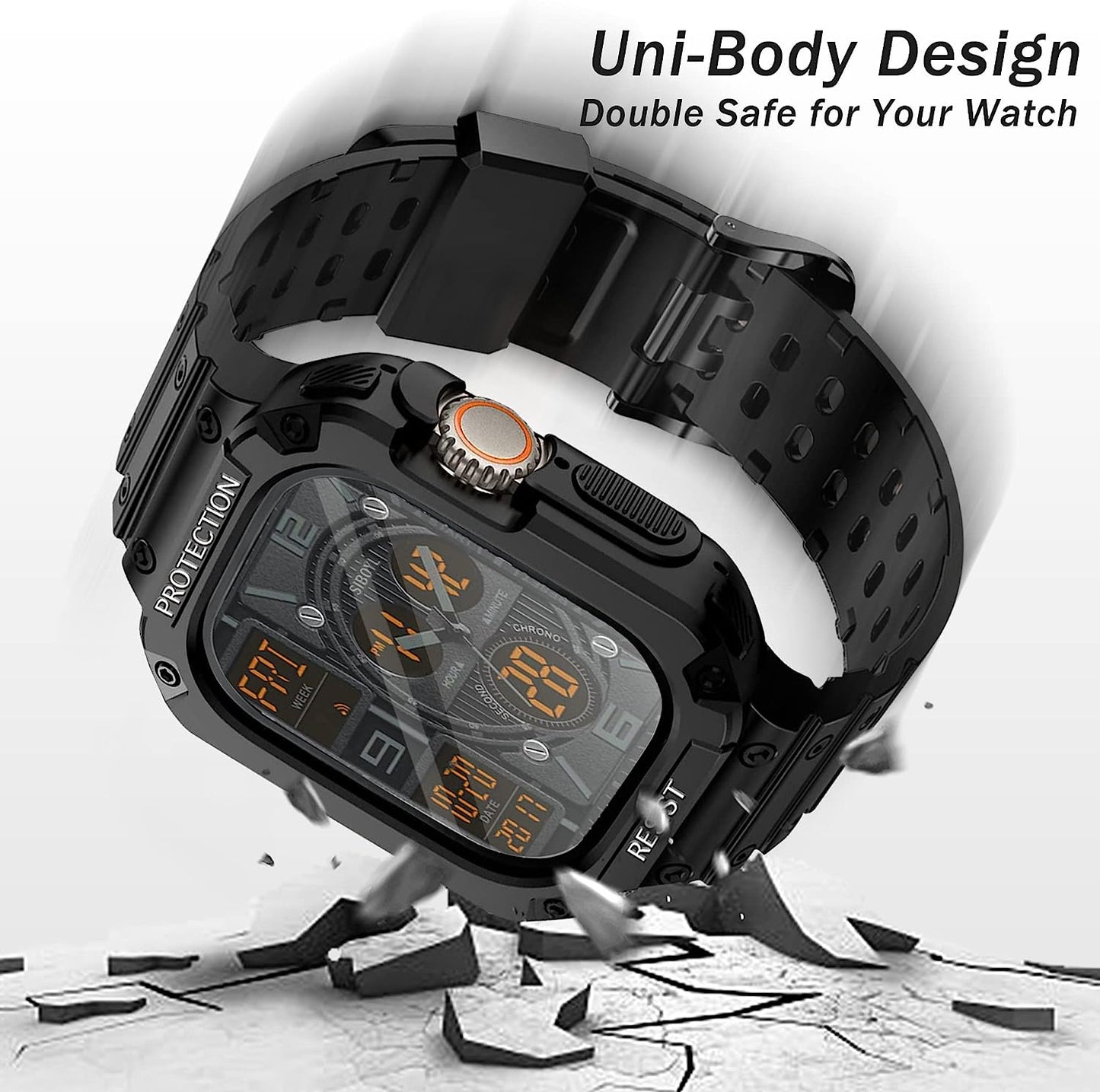 3 in 1 Rugged Band and Bumper Case with Screen Protector for Apple Watch Ultra Band 49Mm, Tempered Glass Film, Shockproof Protective Band for Men, Metal Clasp Sport Armor Band for Iwatch Ultra-Black  BuPa   