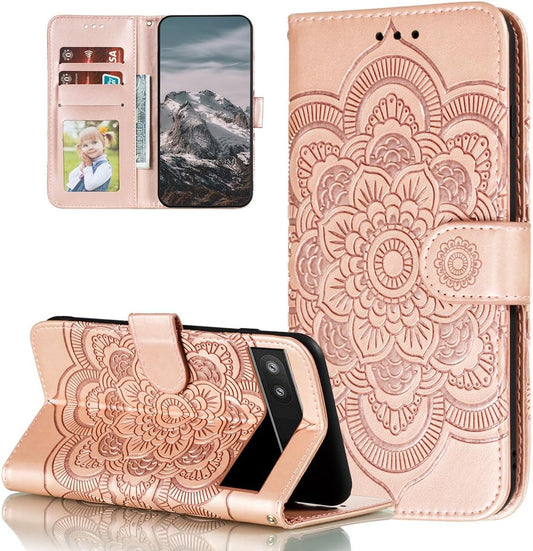 EYZUTAK Mandala Case for Google Pixel 6, Premium Leather Flip Wallet Card Slots Magnetic Stand Protective Cover Ultra Slim Case with Lanyard, Embossed Flip Cover-Rose Gold  EYZUTAK   