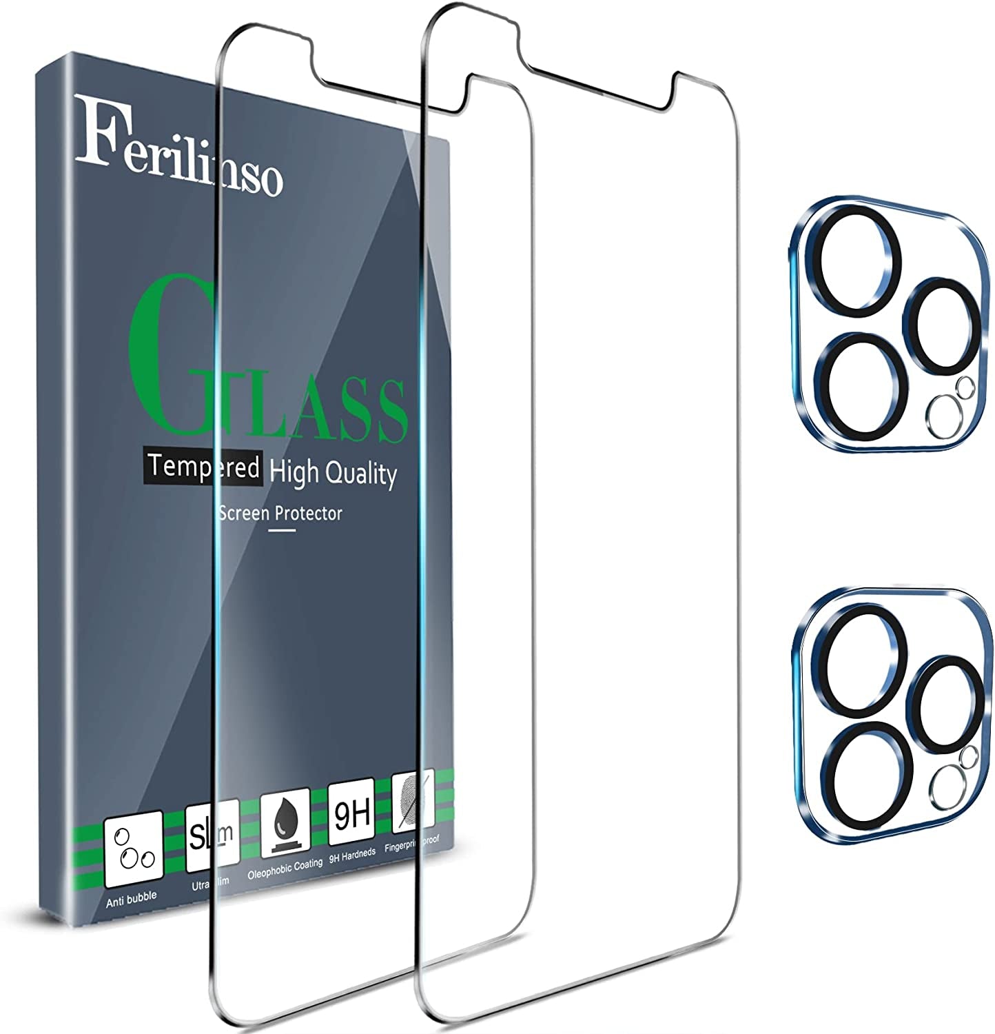 Ferilinso [6-In-1] for Apple Iphone 14 & 13 Screen Protector Accessories 3 Pack 9H Tempered Glass 2 Pack HD Camera Lens Protector Cover Protection Case Friendly Mounting Frame Protector De Pantalla  Ferilinso Transparent-7 iPhone 12 Pro Max 6.7 