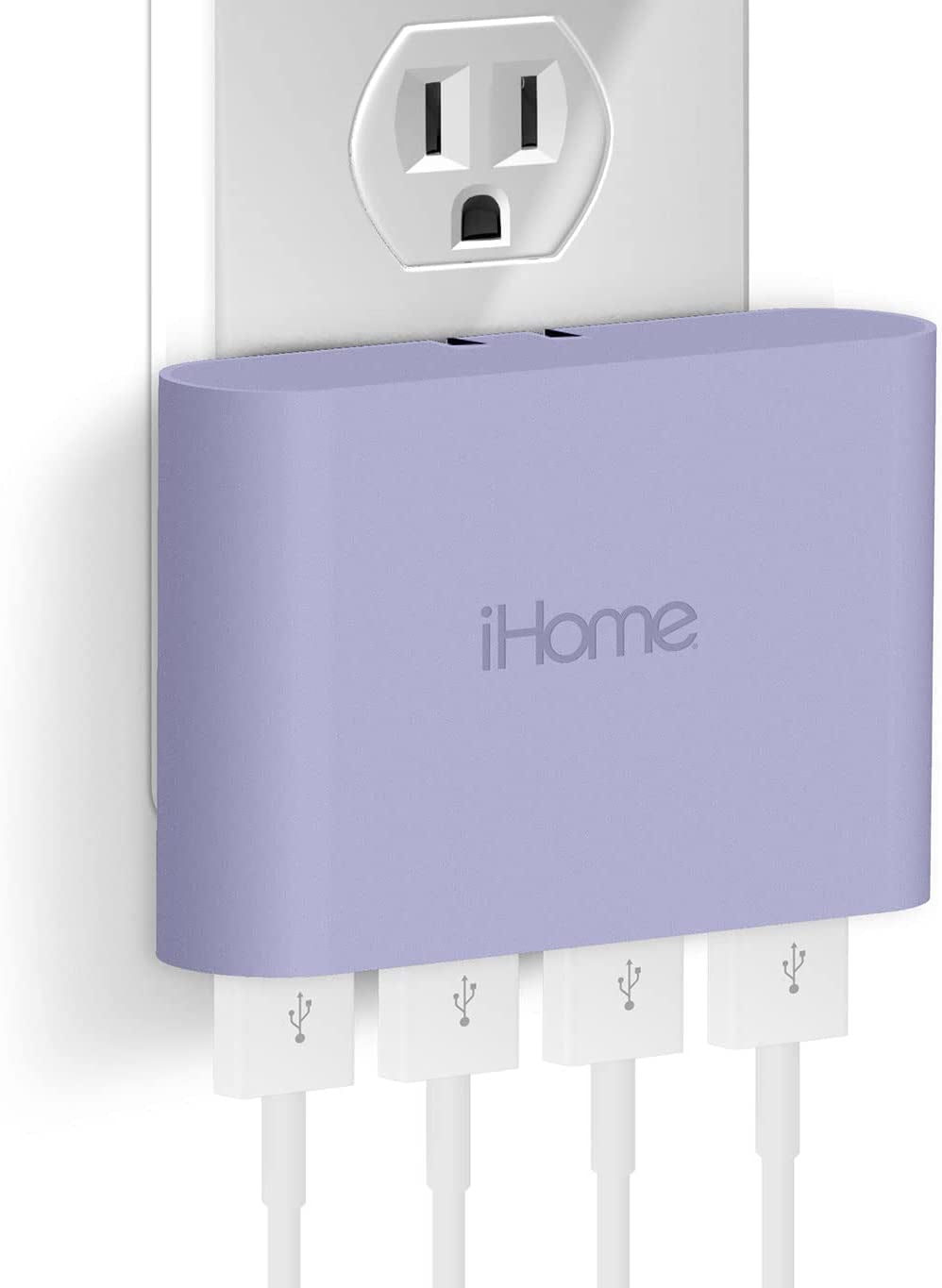 Ihome Slim USB Wall Charger: AC Pro Multiport USB Charger, USB Plug Adapter & Phone Charging Block, 4 USB Plugs for Wall Outlet, Flat 4 Port USB Charger & USB Wall Adapter  iHome by Lifeworks Technology Pastel Purple 4 Port Rapid Charge 