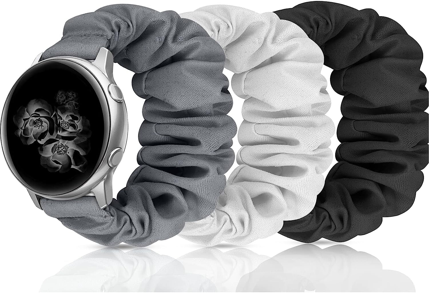 20Mm 22Mm Scrunchies Watch Bands, Cute Elastic Replacement Bands for Women with Quick Release Bar, Fabric Band for Samsung Galaxy Watch 4 5 Pro Galaxy Active, Active 2 40Mm 44Mm Watch Smartwatch Bla-S  ZSMJ W-Black+White+Grey Small 