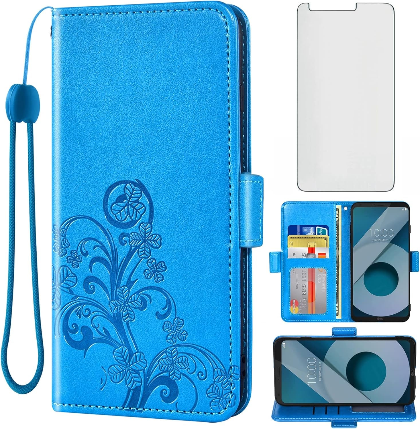 Asuwish Compatible with LG Q6/Q6 Plus/Q6 Mini Wallet Case and Tempered Glass Screen Protector Flip Purse Accessories Wrist Strap Credit Card Holder Cell Phone Cover for Q6+ Alpha Prime Women Men Blue  Asuwish   