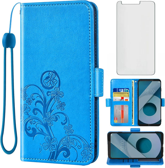 Asuwish Compatible with LG Q6/Q6 Plus/Q6 Mini Wallet Case and Tempered Glass Screen Protector Flip Purse Accessories Wrist Strap Credit Card Holder Cell Phone Cover for Q6+ Alpha Prime Women Men Blue  Asuwish   