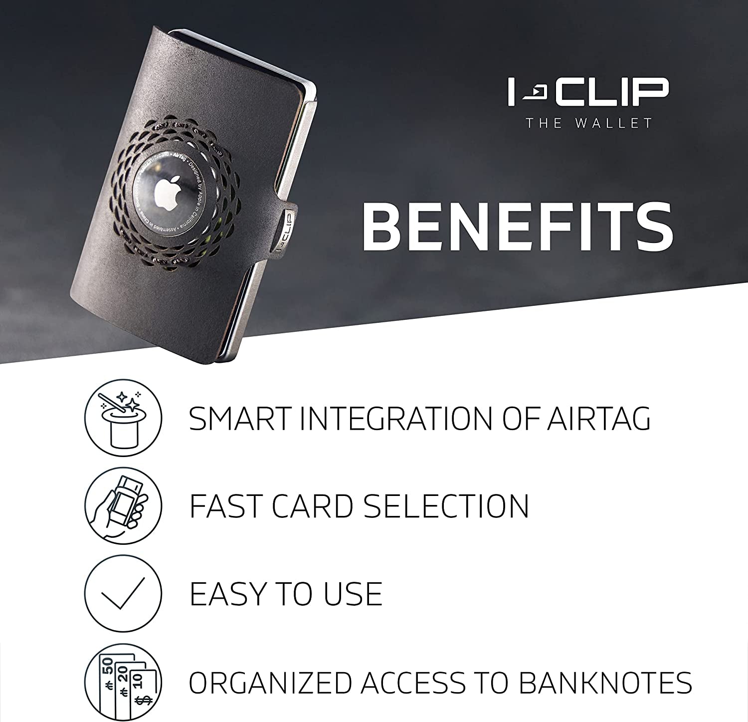 I-CLIP Original for Apple Airtag with Moneyclip - Wallet - Slim Wallet - Wallet Compatible with Airtag - Men - Silver Black  Flux Design GmbH   
