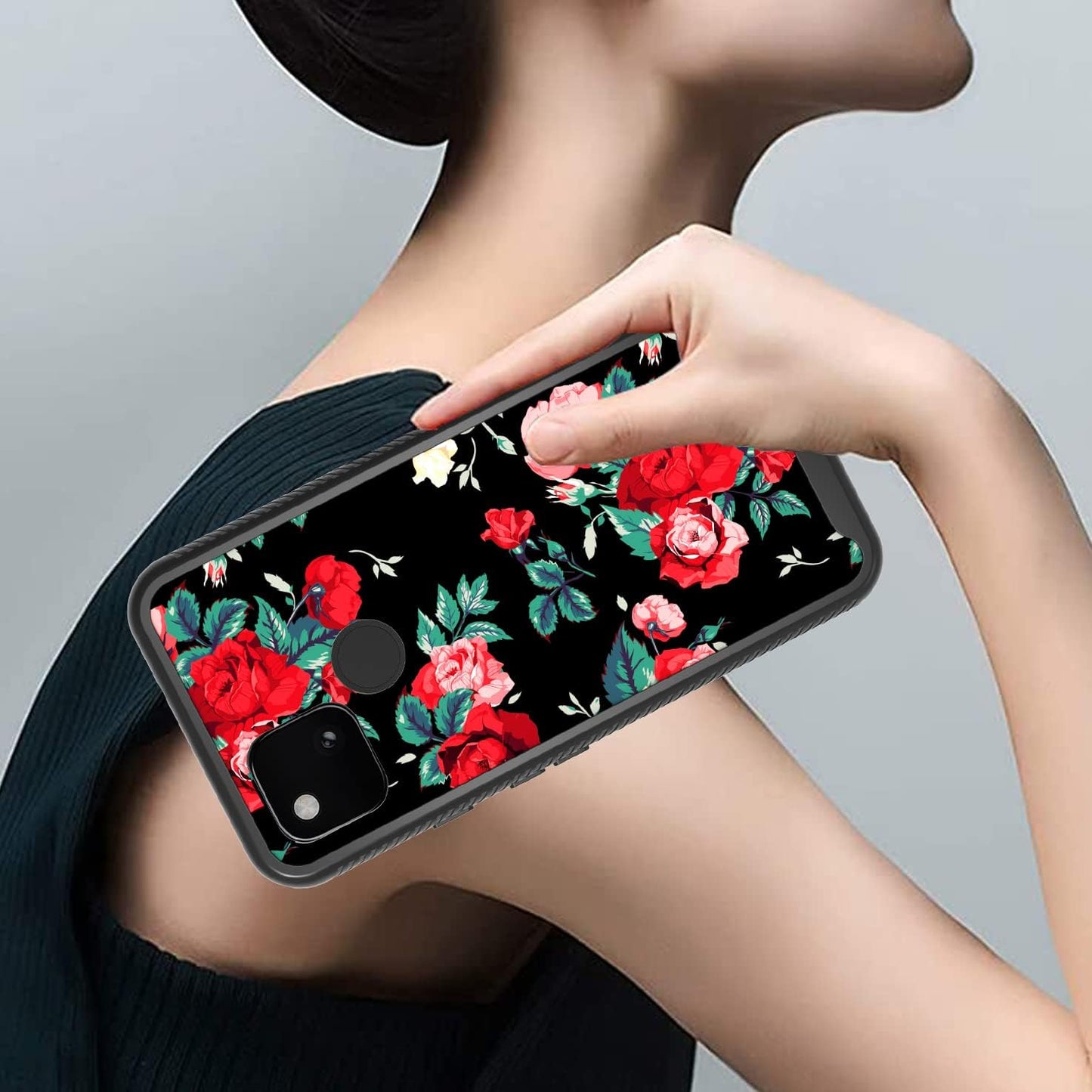 MGAH Pixel 4A 5G Case with Roses Design,Google Pixel 4A 5G Phone Case,Hybrid Triple Layer Armor Protective Cover Flexible Sturdy Anti-Scratch Shockproof Cute Case for Women and Girls-Flowers/Black  MGAH   