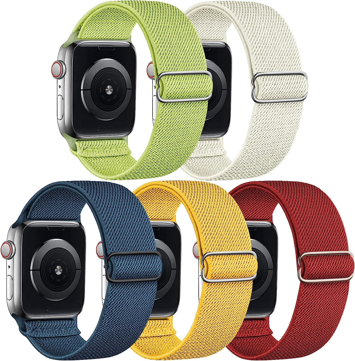 Cangroo 5 Pack Stretchy Nylon Bands Compatible with Apple Watch Band 38Mm 40Mm 41Mm 42Mm 44Mm 45Mm 49Mm for Women Men, Elastic Solo Loop Braided Wristbands for Iwatch SE Ultra Series 8 7 6 5 4 3 2 1  Cangroo Spring Grass/Starlight/Pacific Blue/Yellow/Red 42mm/44mm/45mm/49mm 
