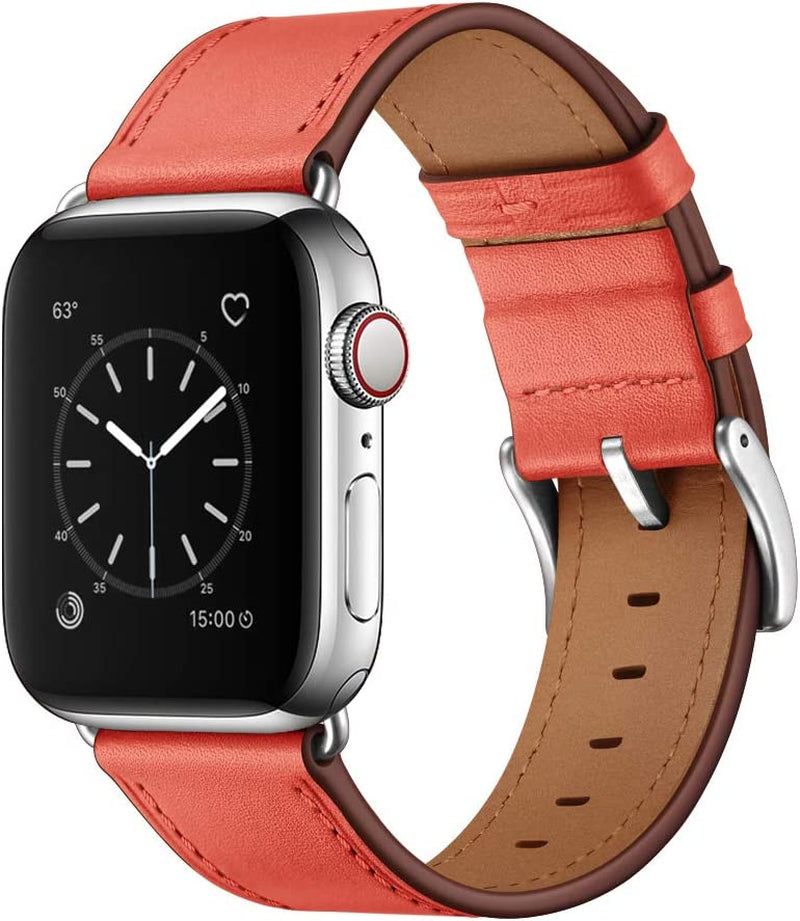 OUHENG Compatible with Apple Watch 49Mm 45Mm 44Mm 42Mm, Genuine Leather Band Replacement Strap Compatible with Apple Watch Ultra Series 8/7/6/5/4/3/2/1/SE2/SE, Black Band with Black Adapter  OUHENG Coral/Silver 41mm/40mm/38mm 