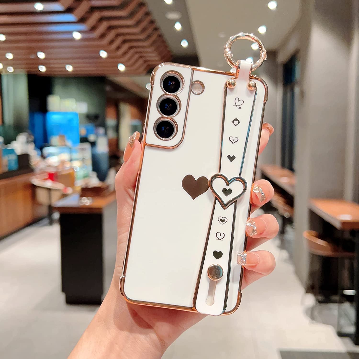 DEFBSC Compatible with Samsung Galaxy S22 plus Case, Electroplated Edge Love Heart Case with Wrist Strap, Full Camera Protection Raised Reinforced Corners Shockproof Soft TPU Cover, White  DEFBSC   