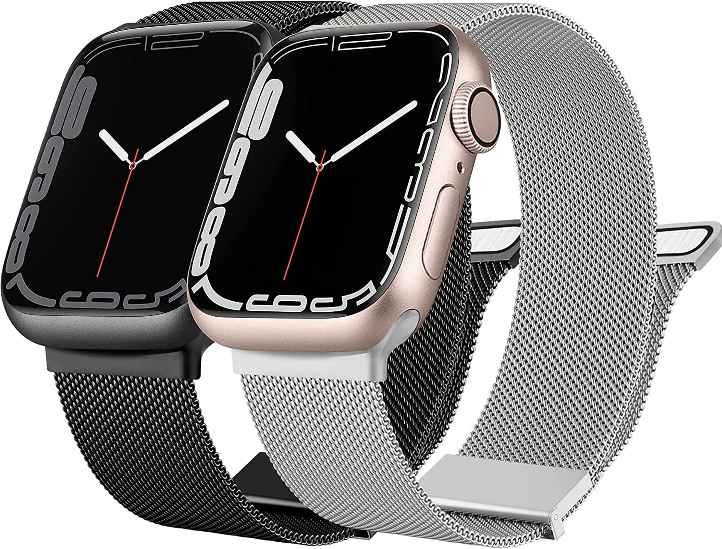 [2 PACK] Metal Stainless Steel Bands Compatible with Apple Watch Bands Series 8 7 6 5 4 3 2 1 SE 41Mm 40Mm 38Mm 42Mm 44Mm 45Mm, Mesh Loop Magnetic Milanese Strap for Iwatch Bands Women Men  Amzpas Silver & Black 42/44/45mm 