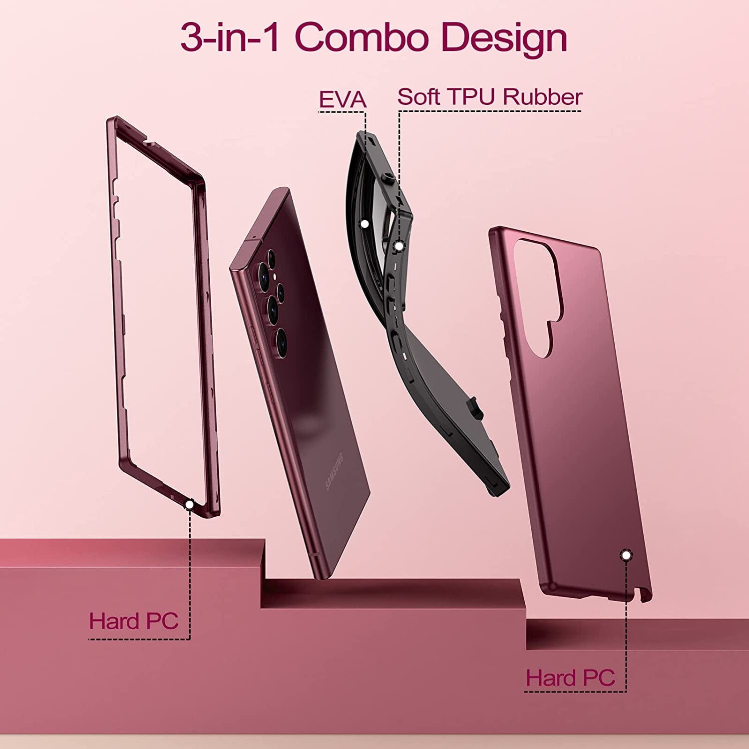 Welovecase for Samsung Galaxy S22 Ultra 5G Case, Cover 3 in 1 Full Body Heavy Duty Protection Hybrid Shockproof TPU Bumper Three Layer Protective Case for Samsung Galaxy S22 Ultra 6.8 Inch, Burgundy  WeLoveCase   