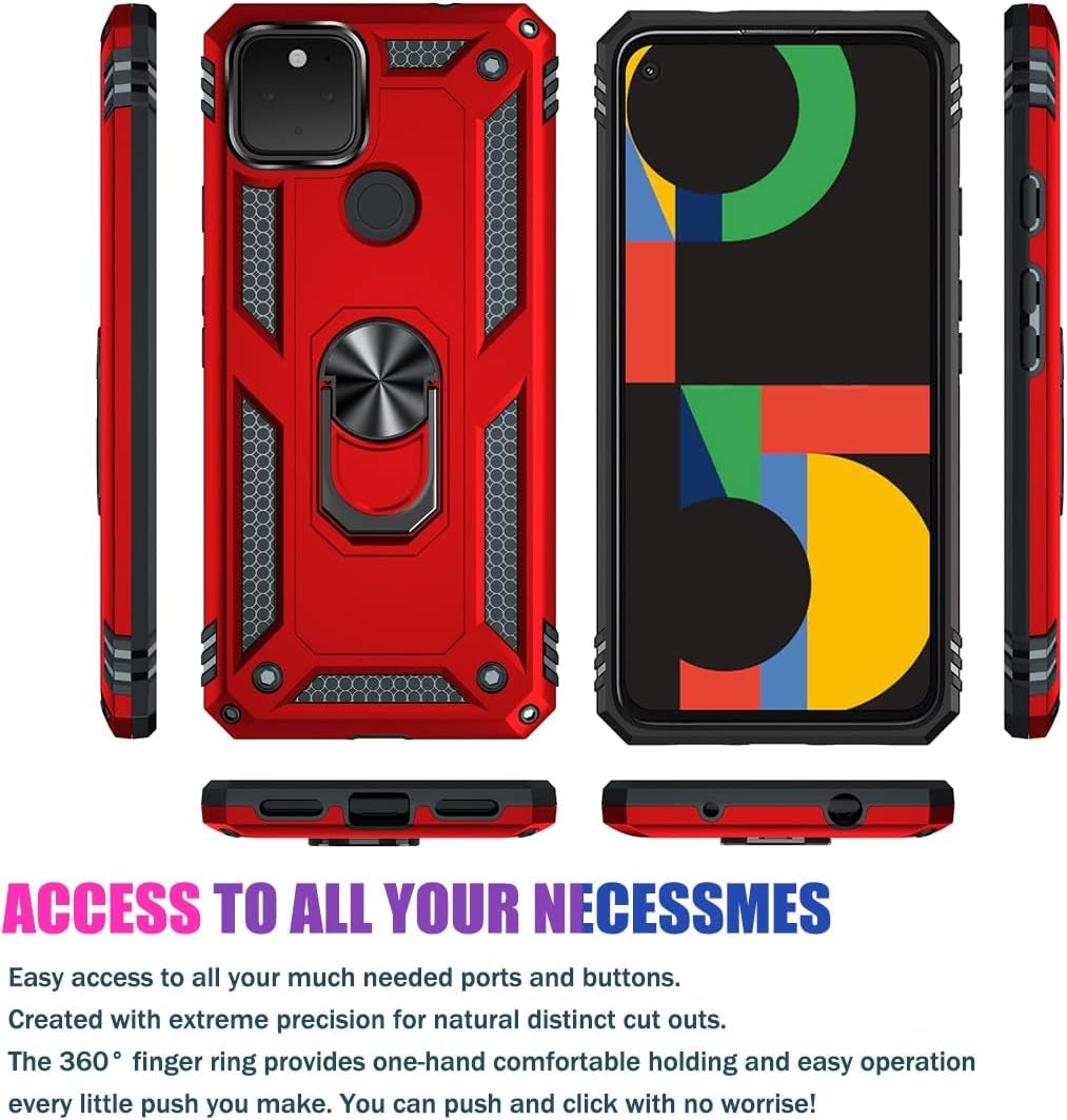 Zoeirc for Pixel 4A 5G Case, Pixel 5XL G025I Case with Tempered Glass Screen Protector, [Military Grade] Magnetic Car Ring Holder Mount Kickstand Protective Cover Case for Google Pixel 4A 5G (Red)  Zoeirc   