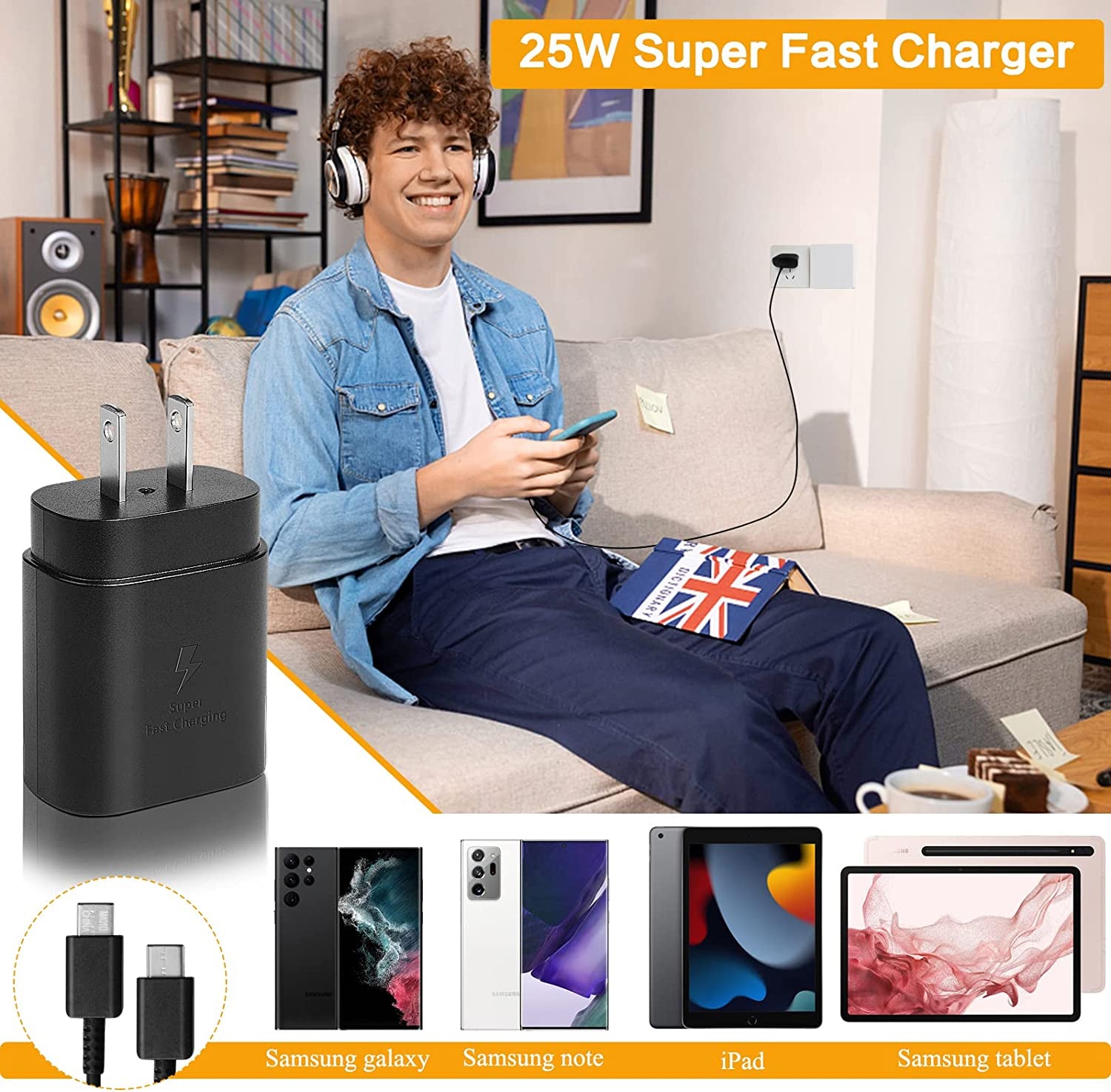 USB C Superfast Charger, USB Type-C to USB Type-C Cable 5Ft and 25W Wall Charger Fast Charging PD Adapter Compatible with Samsung Galaxy Ultra S23/S22/S21/S20+ Note 20/10 Z Fold/Flip A71 A53 (1-Pack)  Hardcraft   