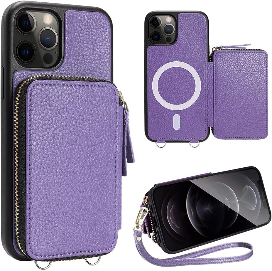 ZVE Wallet Case for Iphone 14 Pro Max 6.7 Inch, Magsafe Zipper Leather RFID Blocking Cards Holder Slots Case with Magnetic Wireless Charging, Protective Cover for Iphone 14 Pro Max 6.7"(2022)-Black  ZVE Light Purple iPhone 12 Pro Max 