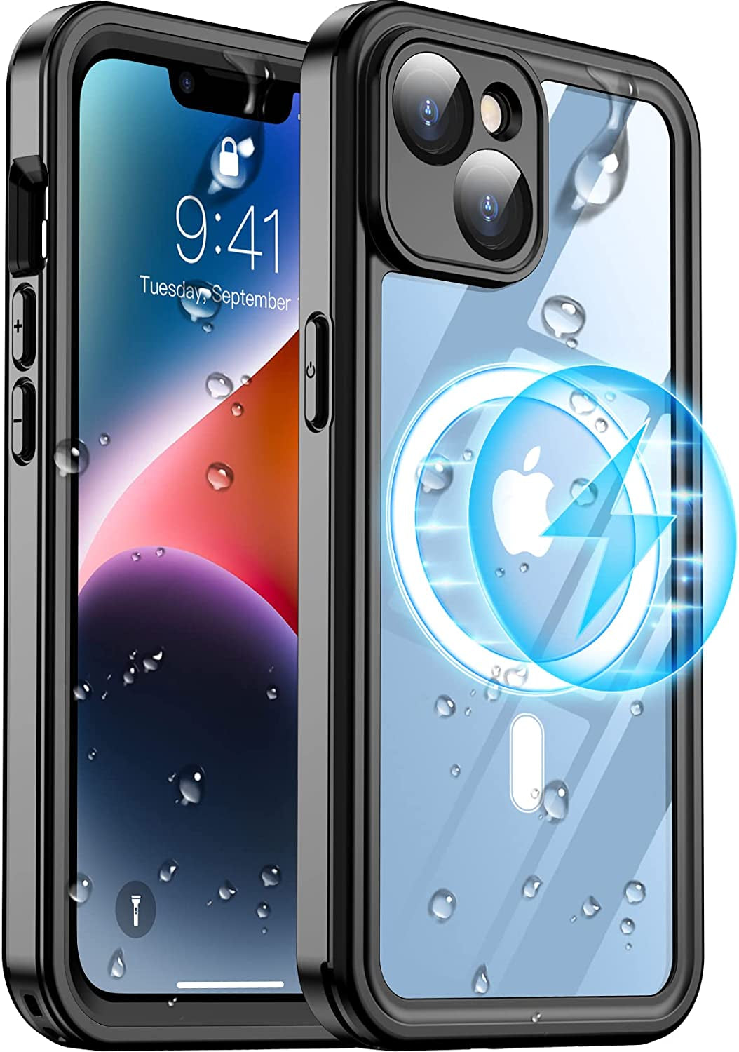 Temdan [Real 360 for Iphone 14 Case Waterproof, Built-In 9H Tempered Glass Camera Lens & Screen Protection [14FT Military Dropproof][Full-Body Shockproof][Dustproof][Ip68 Underwater] Phone Case  Temdan Black/Clear-Mag iPhone 14 Plus 