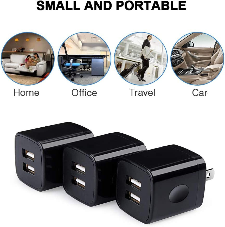 Black USB Wall Adapter, Charging Block, 3Pack Dual Port 2.1A Fast Wall Charger Brick Base Cube USB Plug Outlet Phone Charger Box Compatible Iphone 14 13 12 11 XS Max XR X 8 7 6 6S, Ipad, Samsung, LG  Shenzhen Putuo Technology Co.,Ltd   