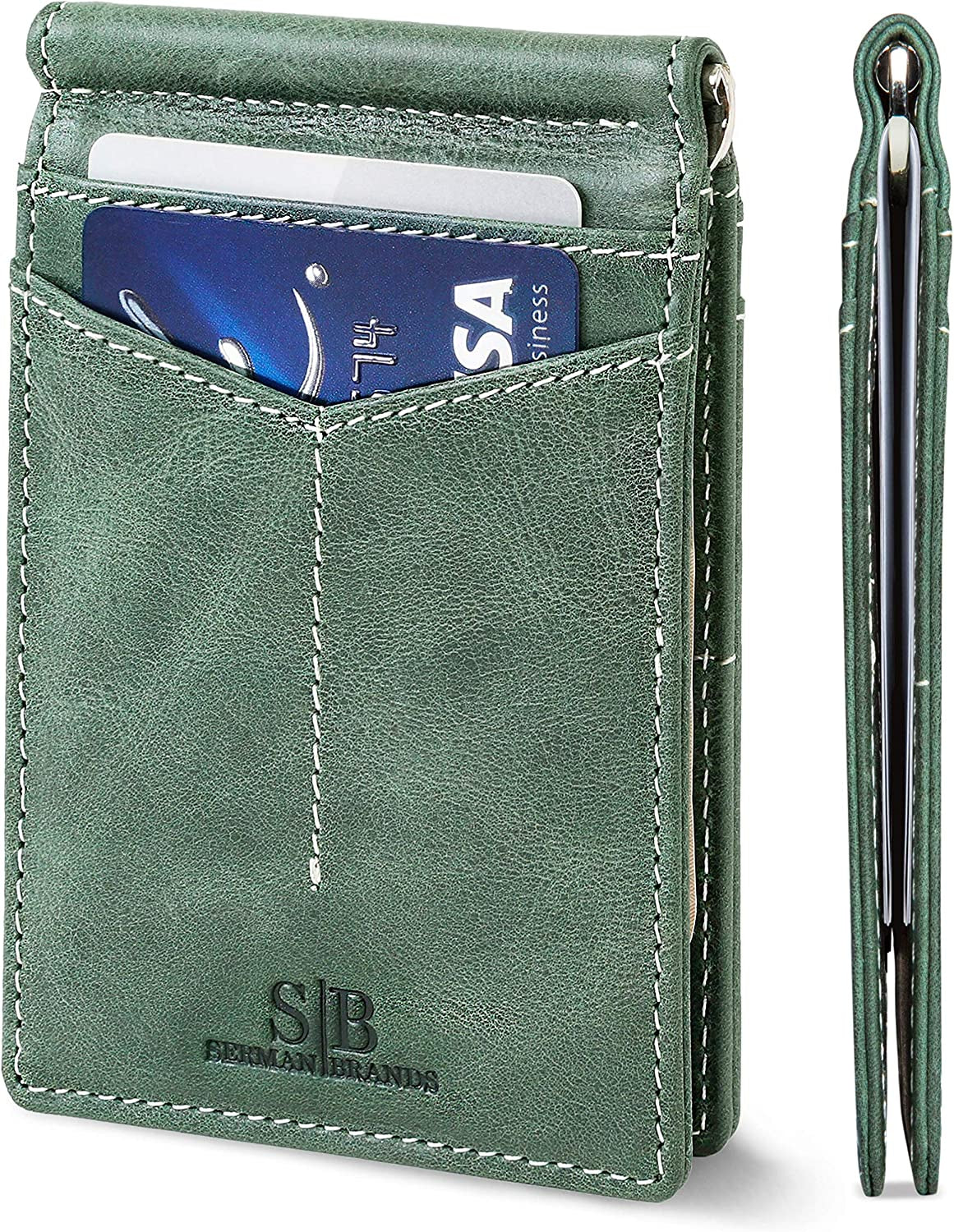 SERMAN BRANDS RFID Blocking Wallet Slim Bifold - Genuine Leather Minimalist Front Pocket Wallets for Men with Money Clip Gift  SERMAN BRANDS Alpine Green Rogue  