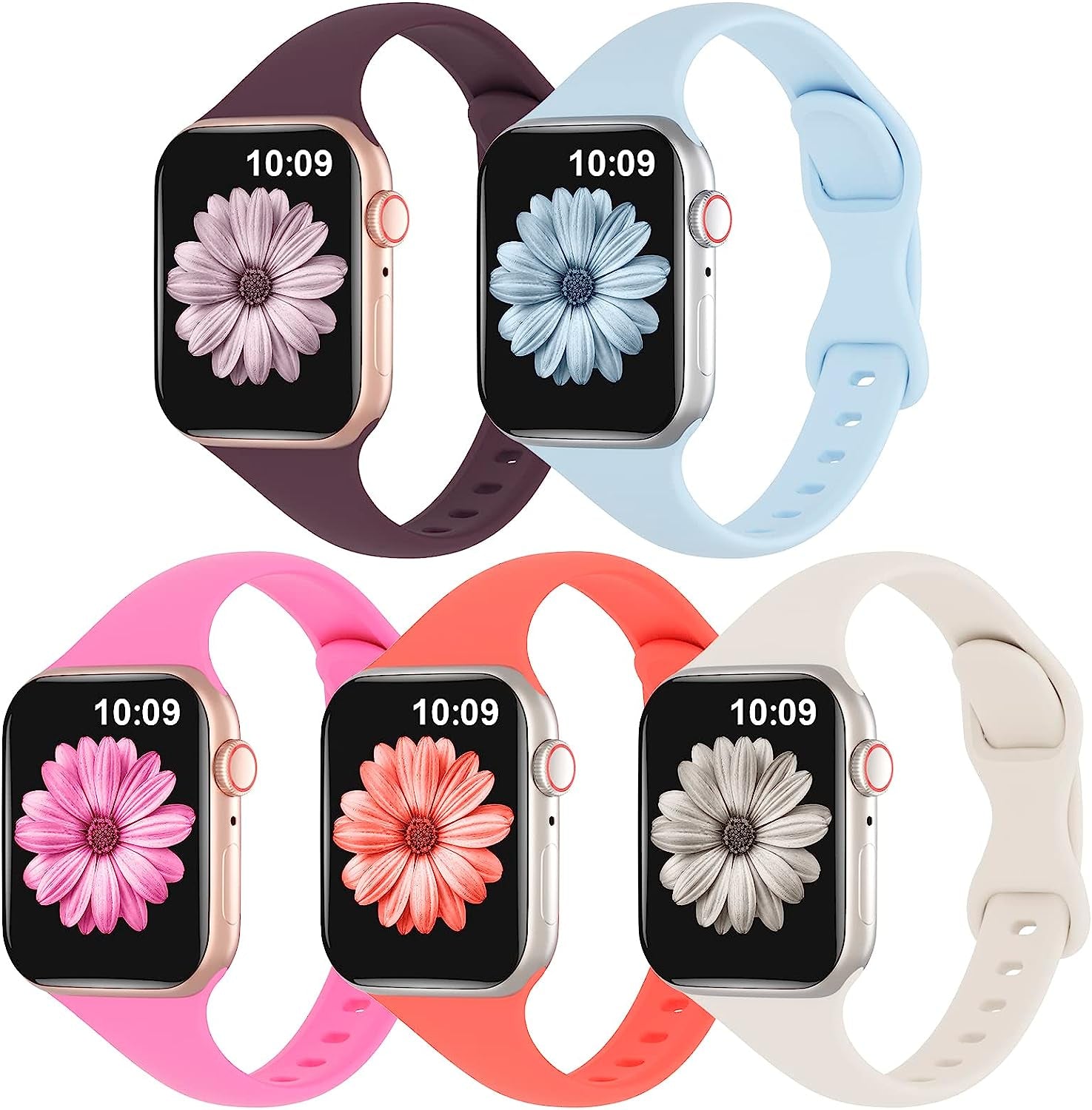 TSAAGAN 5 Pack Silicone Slim Bands Compatible with Apple Watch Band 38Mm 42Mm 40Mm 44Mm 41Mm 45Mm 49Mm, Soft Narrow Sport Strap Thin Wristband for Iwatch Ultra Series 8/7/SE/6/5/4/3/2/1 Women Men  TSAAGAN Dark Cherry/Fog Blue/Hot Pink/Nectarine/Starlight 42/44/45/49mm 