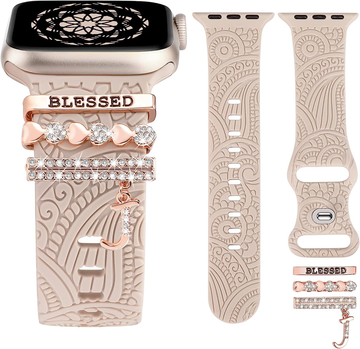 (Include Band) Decorative Ring Loops Compatible with Apple Watch Band Charms 41/40/38/42/44/45/49Mm Women, Boho Engraved Fancy Accessories Silicone Strap for Iwatch Series 8 SE Ultra 7 6 5 4 3 2 1  TOYOUTHS J 42/44/45/49mm 